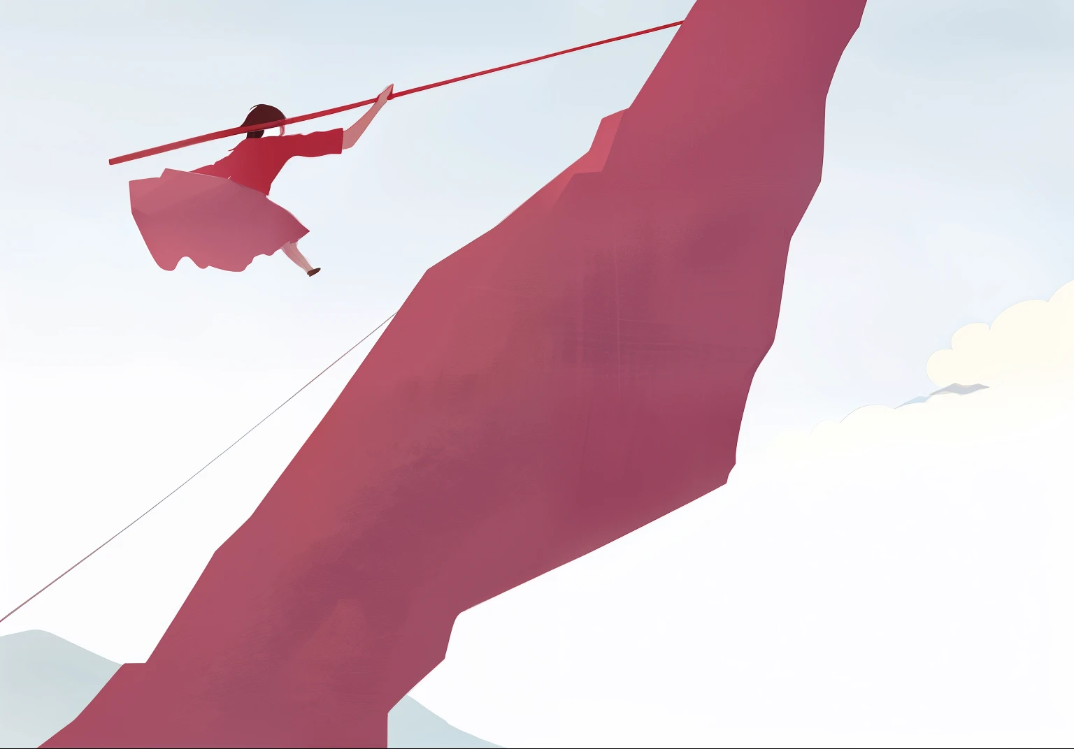 walking on a tight rope with a red shirt, female ascending into the sky, girl walking on cliff, inspired by Emiliano Ponzi, she is floating in the air, flat illustration, on a birdge, standing on a cloud, minimalistic illustration, girl standing on cliff, girl walking on mountain, acrophobia, conquering imbalance. Drawing