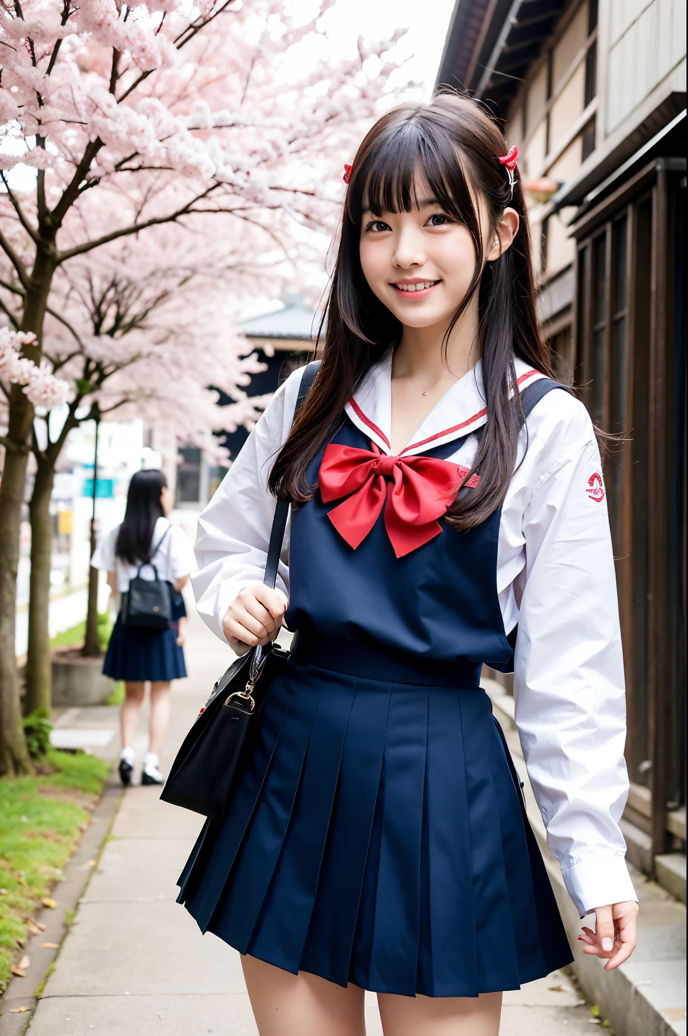 girls walking in old-Japanese street under cherry blossoms,long-sleeved school sailor shirt with red bow tie,navy blue pleated skirt,school bag,18-year-old,bangs,a little smile,thighs,knees,straight hair with barrette with white bow,from below,front light