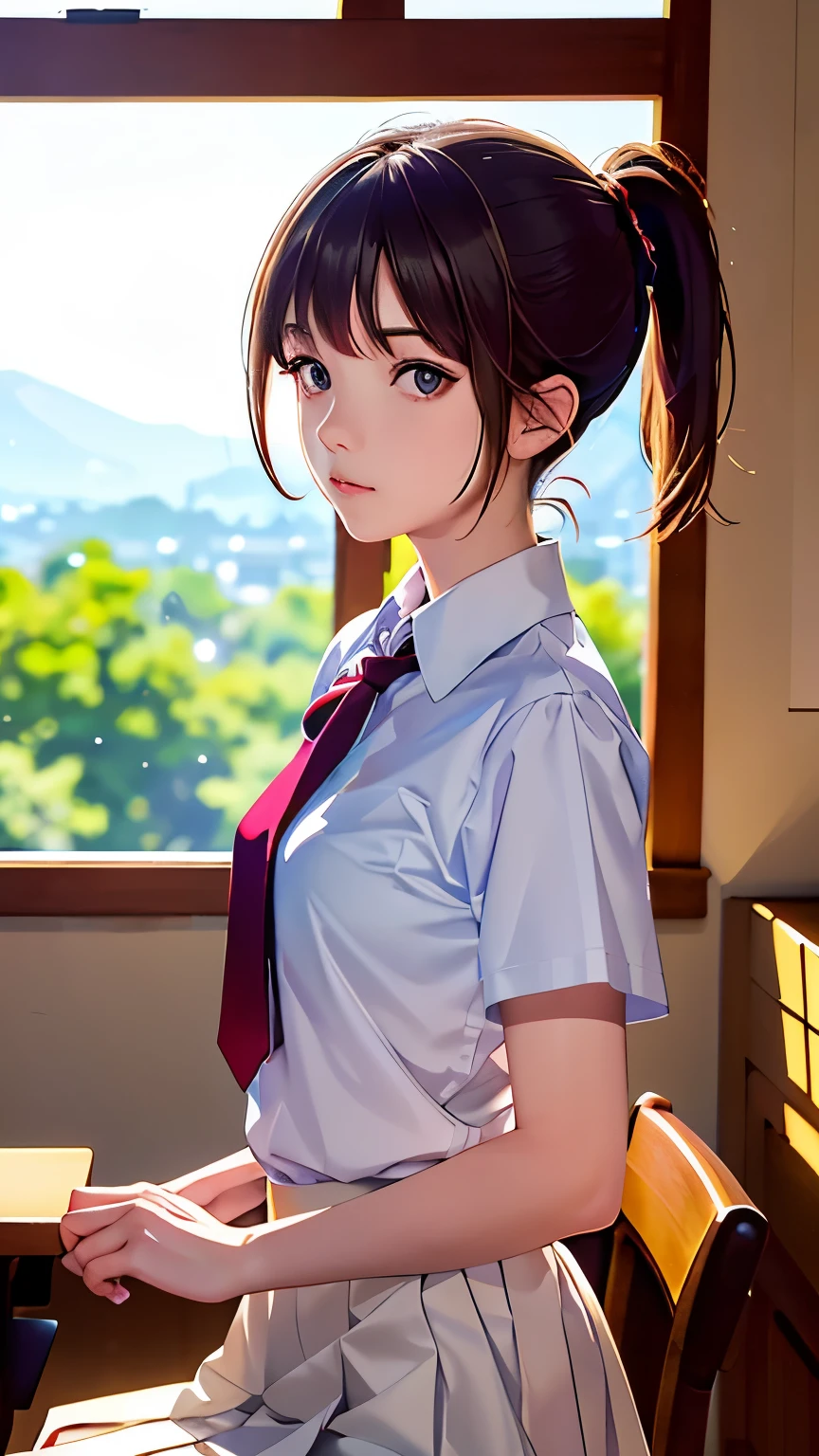 (table top, highest quality:1.2), 8K, 18-year-old, 85mm, official art, Raw photo, absurd, white dress shirt, cute face, close, Upper body, viola lace, gardenia, beautiful girl, , (navy pleated skirt:1.1), Cinch West, thighs, short sleeve, classroom, ponytail、short hair、short hair、sit on a bench seat, looking at the viewer, no makeup, (smile:0.4), film grain, chromatic aberration, sharp focus, face light, clear lighting, teen, detailed face, background bokeh, (dark red tie:1.1)、日本の学校のclassroom、classroom
