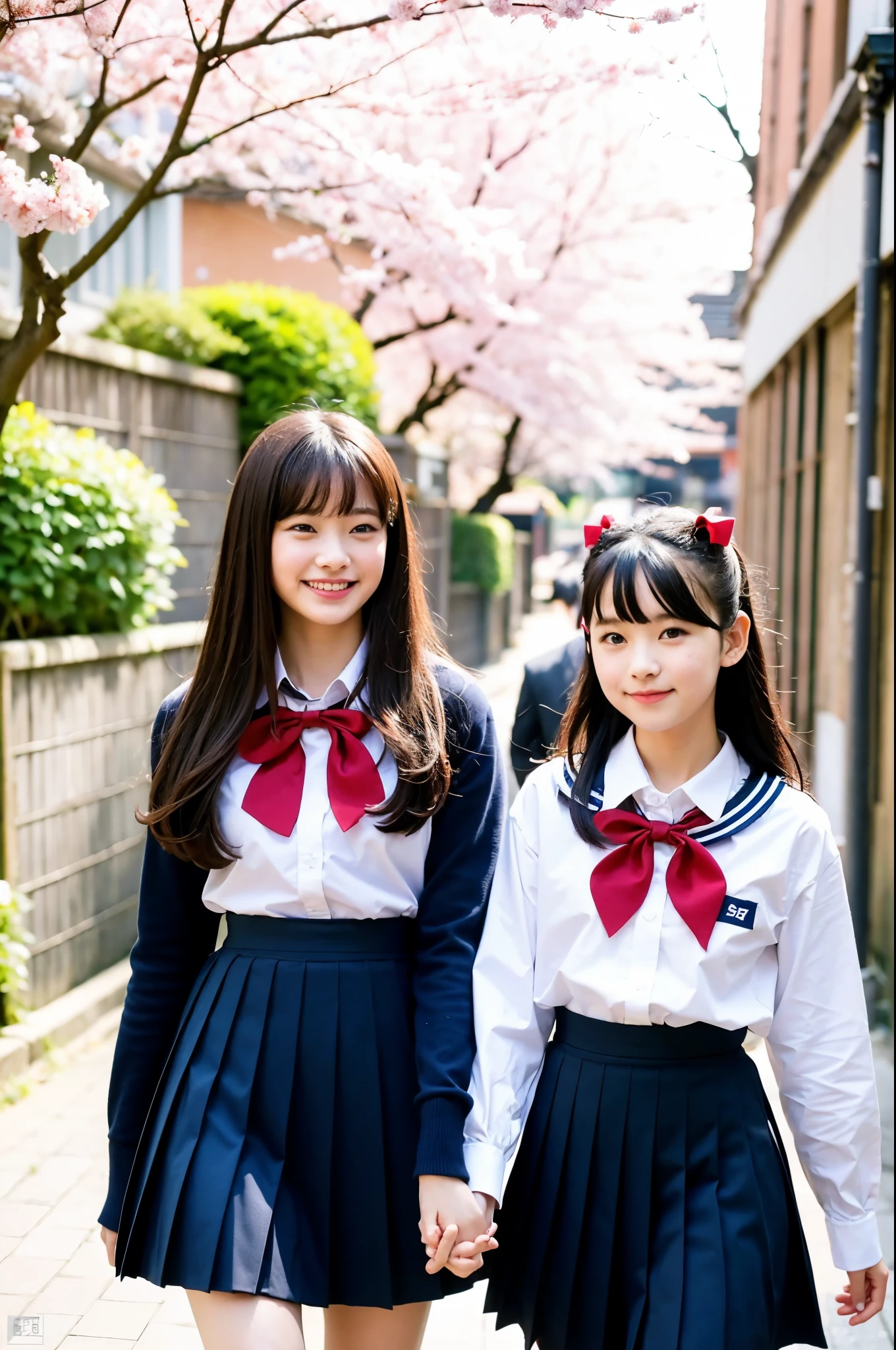 girls walking in old-Japanese street under cherry blossoms,long-sleeved school sailor shirt with red bow tie,navy blue pleated skirt,school bag,18-year-old,bangs,a little smile,thighs,knees,straight hair with barrette with white bow,from below,front light
