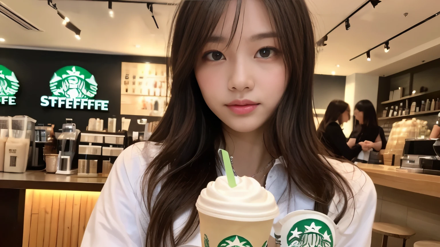 ((highest quality、8K、masterpiece:1.3))、sharp focus:1.2、Beautiful Japanese idol with perfect body:1.4、(Starbucks open cafe:1.2)、Terrace seats、Highly detailed face and skin texture、 detailed eye、double eyelid、sunburned skin、tanned wheat-colored skin,