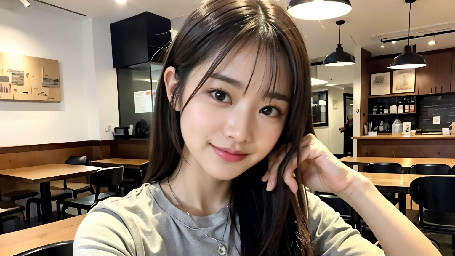 (最high quality、8k、32K、masterpiece:1.2)、A photo of a female college student who looks like a cute model、normal breasts、short bob hair、Upper body、face focus、refreshing white shirt、necklace、look at the audience、background a trendy coffee shop with a unique aesthetic and atmosphere. Incorporate elements like modern furniture, artistic decoration, and ambient lighting to enhance the ambiance. People who enjoy drinks々Consider including, engaging in conversation, or quietly working on laptops. Let your creativity flow、In this chic café setting「stable diffusion」Let the idea come to life, I can see other customers enjoying themselves too...。At the back of the cafe、Staff are busy working at the counter.、Feel the liveliness of a city cafe, sharp focus, 1 girl, sexy 1.2, brown hair, With bangs, fine eyes, Beautiful eyes with slit length, double eyelid, (cat face), (cute Face), cute Smile, (close your mouth), (cute), soft skin, surreal, Super detailed, high quality, (A caring and kind female college student), ((詳細な非常にcute女子大生)), The season is spring