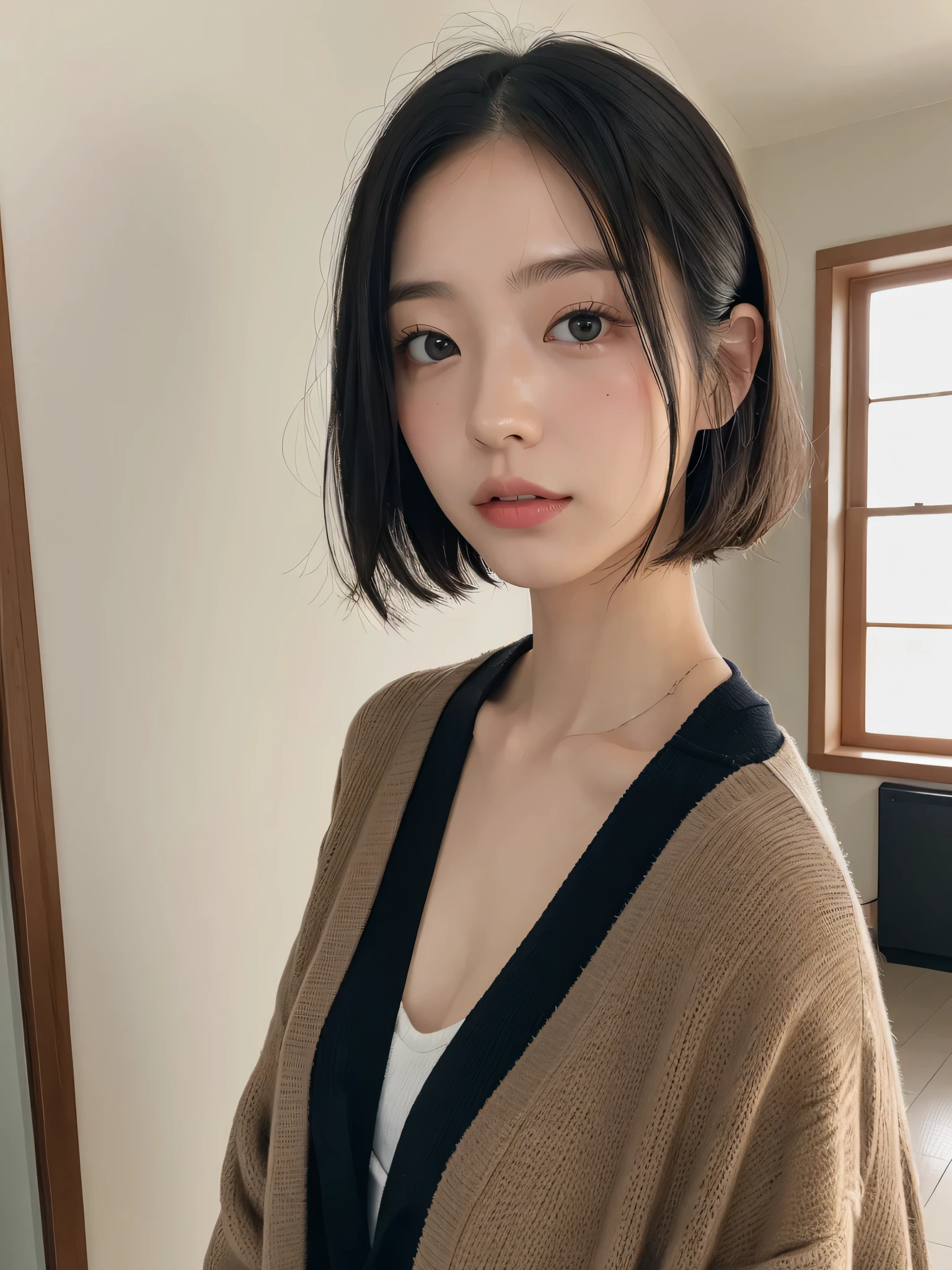20th generation Japanese women、bob hair with movement、wearing a black cardigan、Taken in front of a white wall、Inside a room with white walls and windows、light bob、redhead、average face of a japanese woman