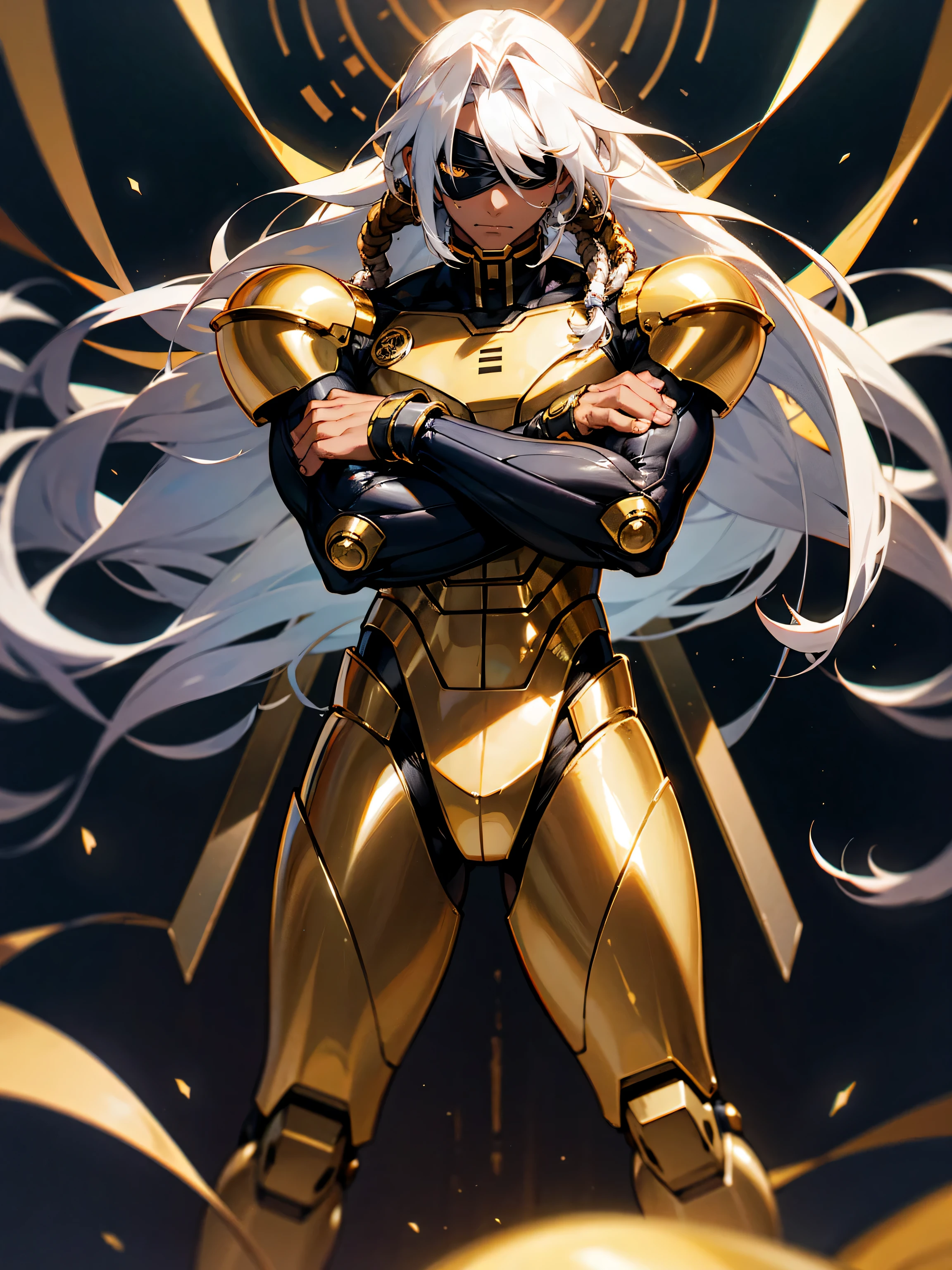 1male, adult, dreads, darkskin, gold eyes, blindfold, battle suit, muscular, arms folded