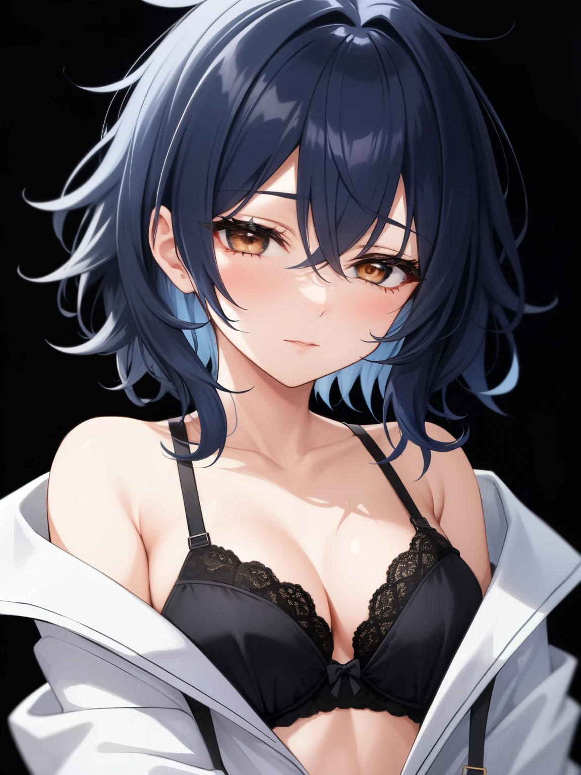 girl, blue hair, brown eyes, half-closed eyes, short hair, messy hair, hair between eyes, wavy hair, medium breasts, white jacket, black see-through bra, darkness, black background, night