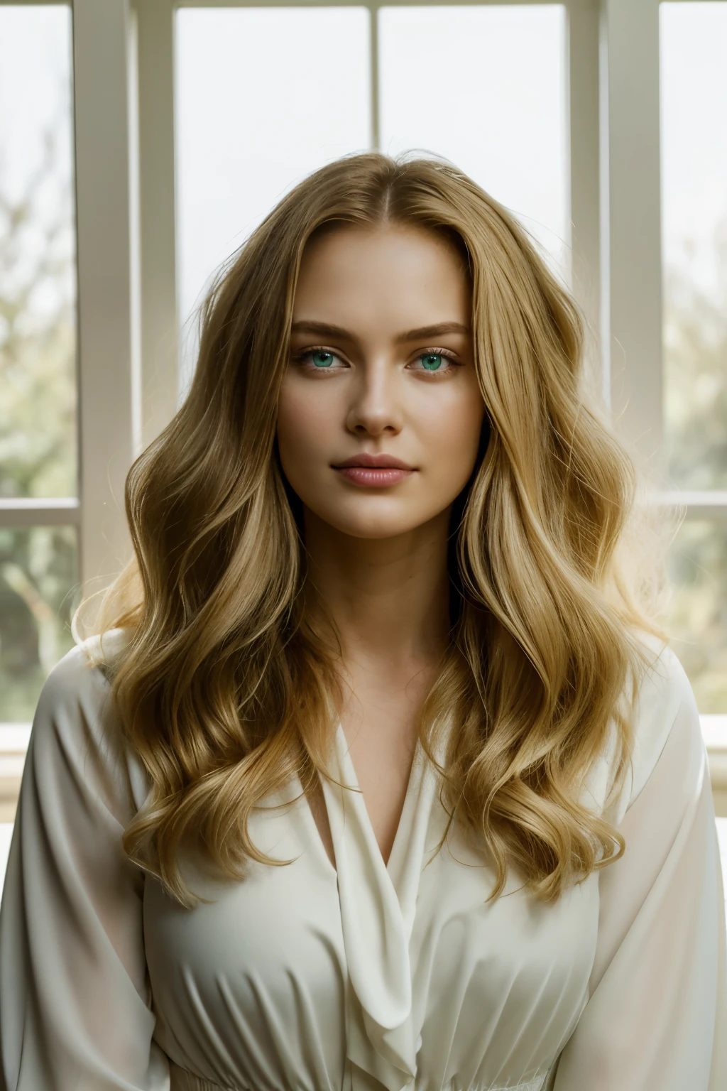 A woman with wavy blonde hair and captivating green eyes pose confidently for the camera. She is an alluring European model, her age around 25 years old, who exudes an enchanting aura. Her hair cascades down in soft waves that reflect the natural light, framing her delicate features beautifully. Her green eyes sparkle with a subtle smile, inviting the viewer to capture the moment. She wears a form-fitting white blouse that accentuates her figure and complements her hair color, paired with black trousers that create an elegant contrast. The scene is set against a serene backdrop, with sunlight filtering in from the window, casting a warm