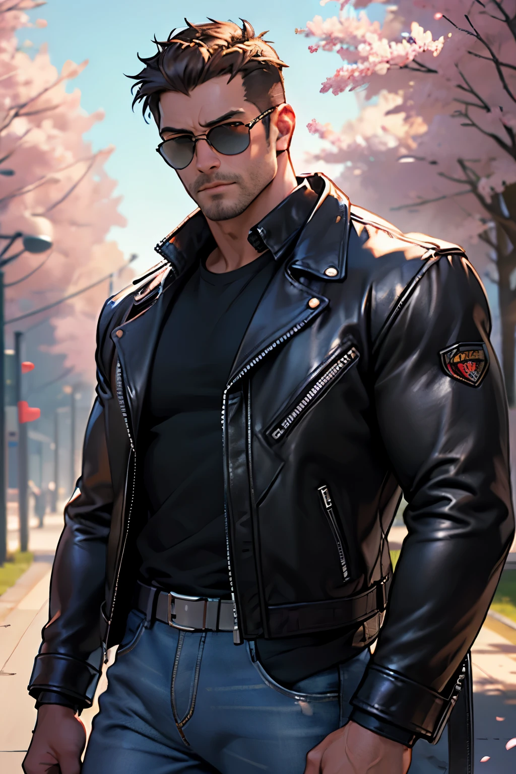 (best quality,4k,ultra-detailed,realistic),man in his 30s,terminator from the future, sunglasses, black leather jacket, jeans, short dark brown hair, shirt with a heart, very muscular, sakura trees in the background, vibrant colors, dramatic lighting