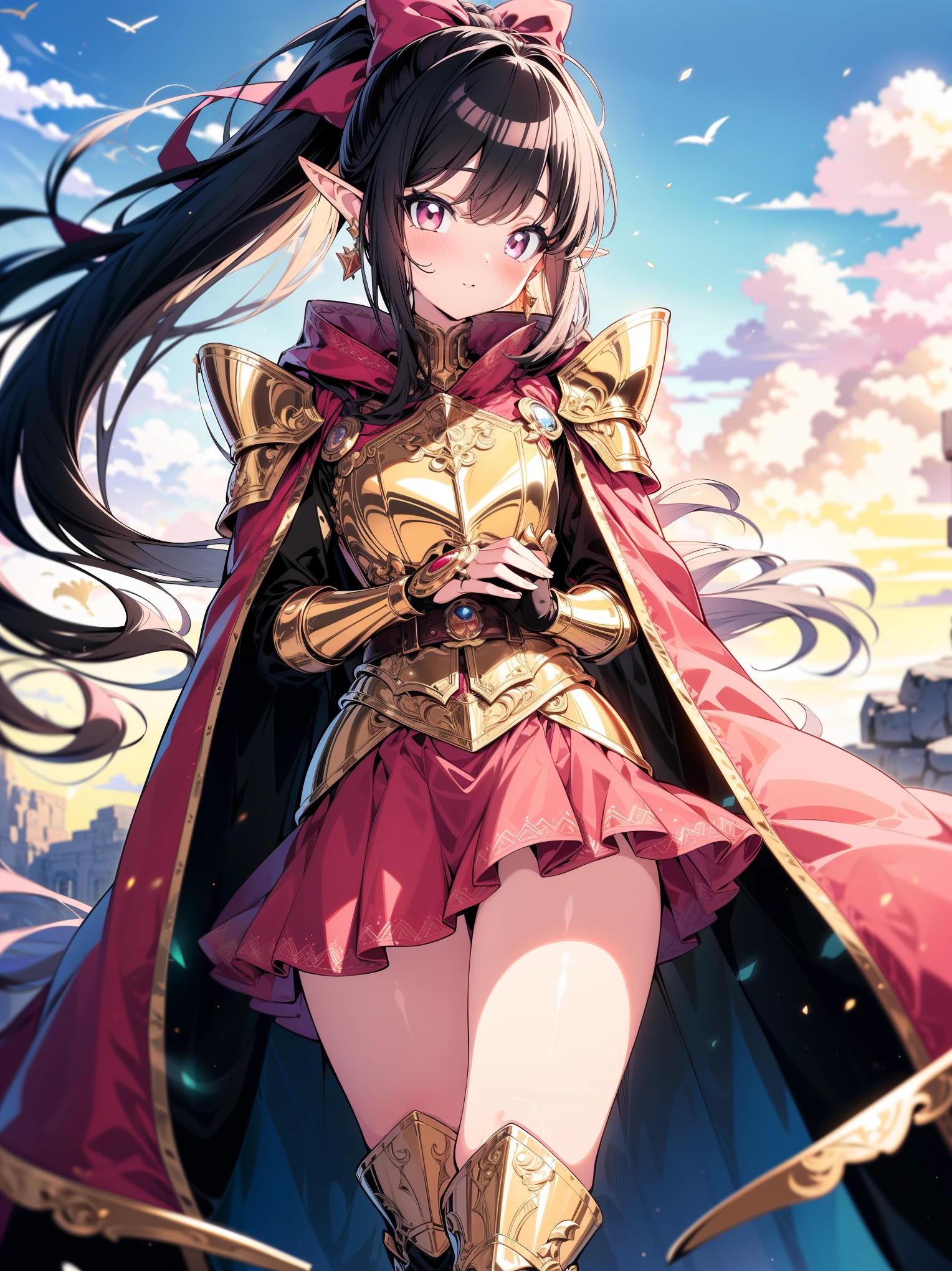 (masterpiece), (cowboy shot), (best quality, ultra-high resolution, depth of field:1.2), (perfect anatomy), Fair skin, Elf girl, pink eyes, black hair in a hime hairstyle, ponytail, pink bow, gold earrings, armor, golden armor, (long skirt:1.2), frills, high thighs boots, cape, fantasy scenery