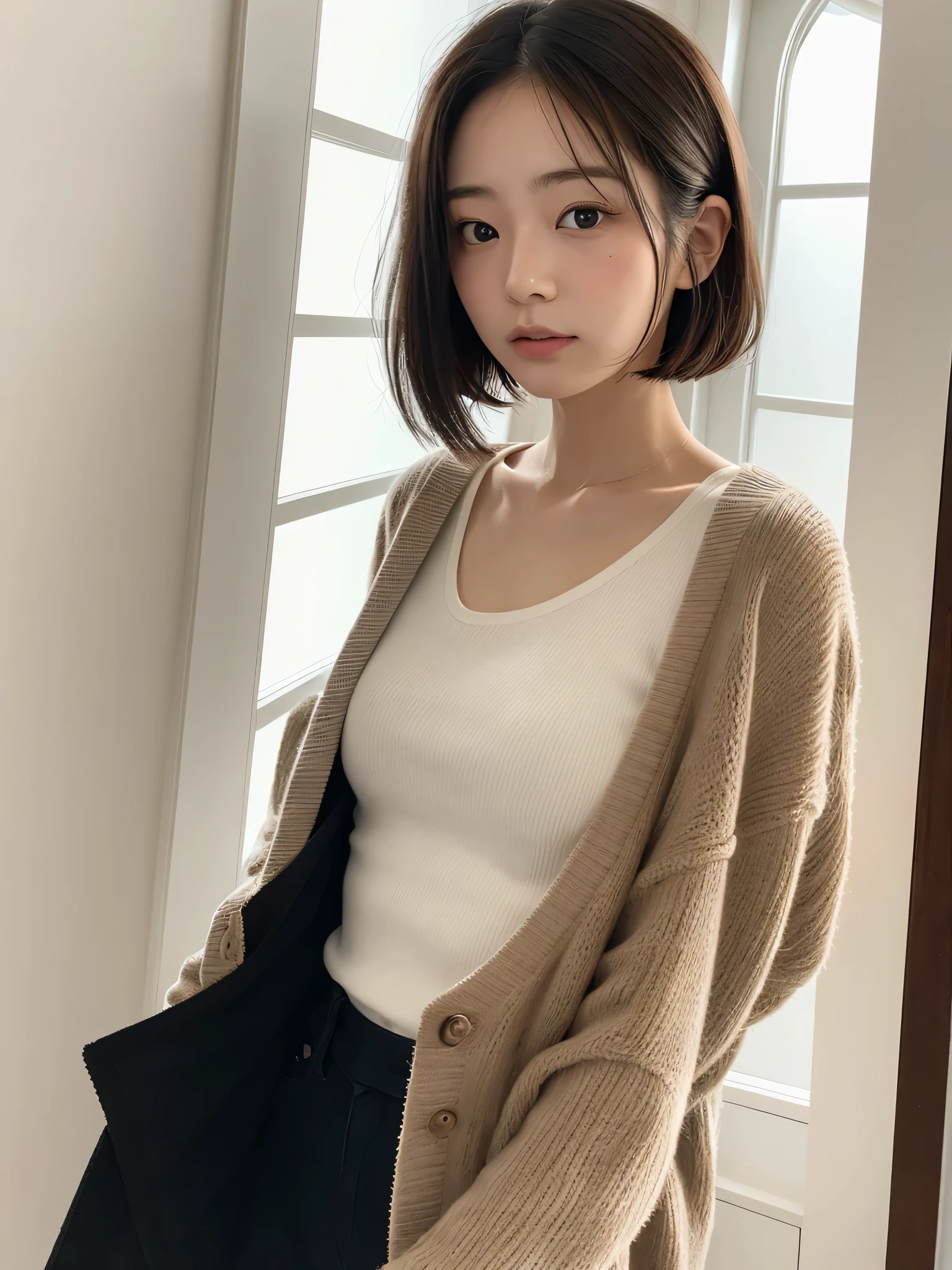 20th generation Japanese women、bob hair with movement、wearing a black cardigan、Taken in front of a white wall、Inside a room with white walls and windows、light bob、redhead、average face of a japanese woman