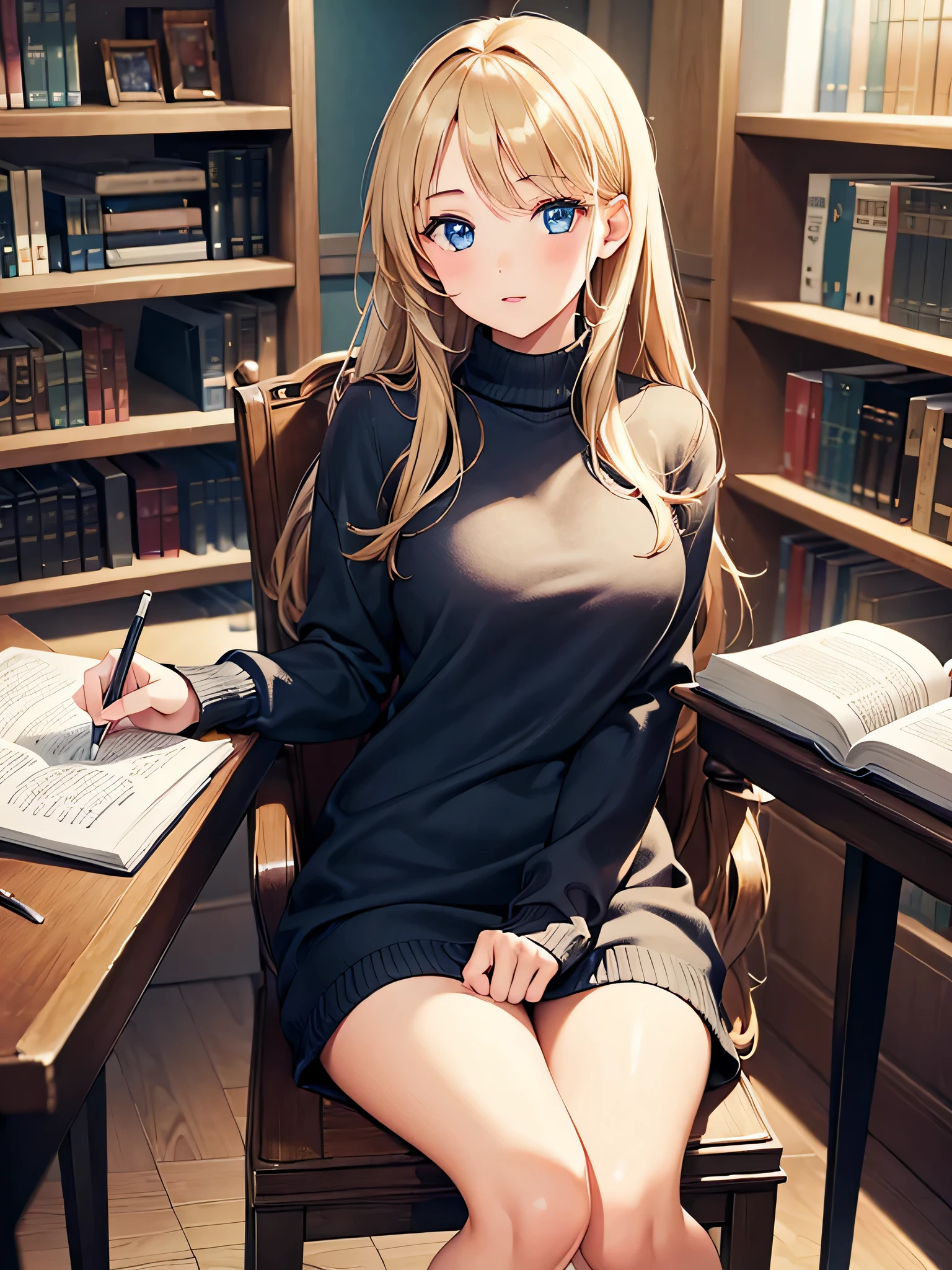 (((1 girl))), masterpiece, highest quality, Super realistic 8kCG, perfect artwork, perfect woman image, perfect hands,library,sitting in a chair,some books on the desk,sweater
