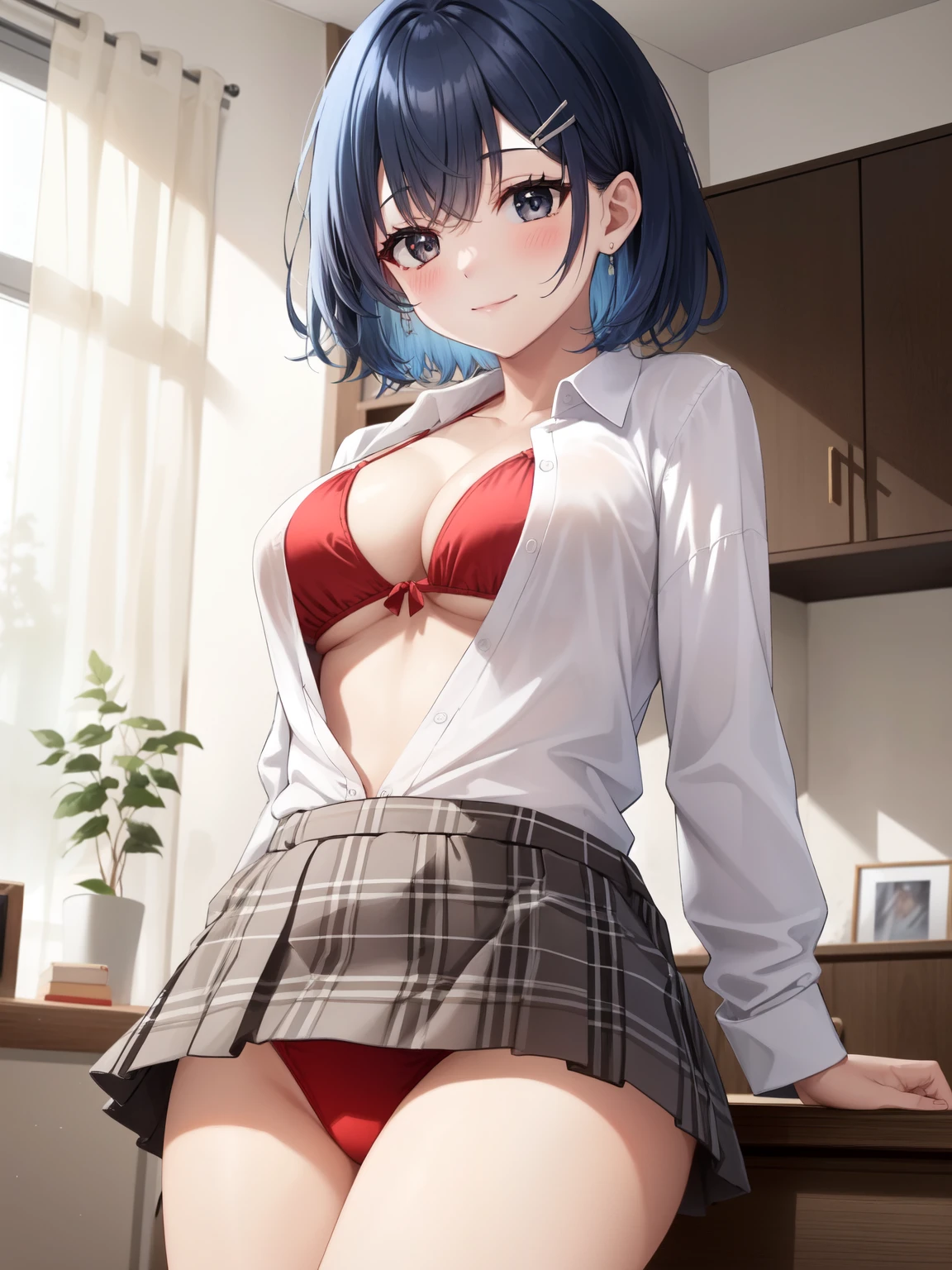 1girl, solo, hairclips, blue hair, short hair, messy hair, black eyes, ears, pale skin, breasts, white tucked shirt, knotted shirt, red bikini bra, plaid miniskirt, light smile, indoors, apartments, furniture, bedroom