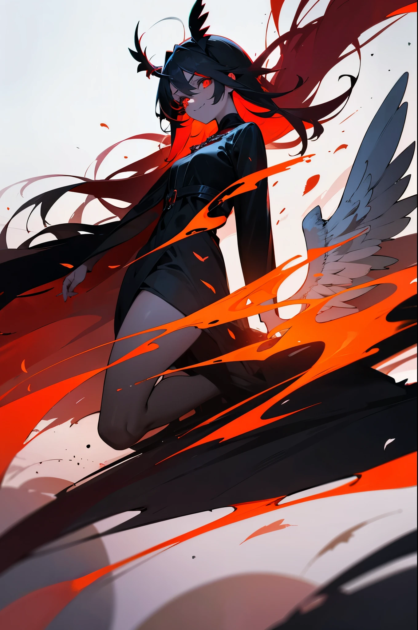 1girl, (scary), angel, flying, red clouds, side view, gorgeos, (red halo), dark, glowing eyes, red eyes, (angel wings), holy, sensual, black tunic, feathers, confident, smile, expressive eyes, collofull eyes, contrast, shadows, masterpiece, digital art, glowing eyes, intimidating, corrupted, demonic, abstract, feelings, full body, facing camera