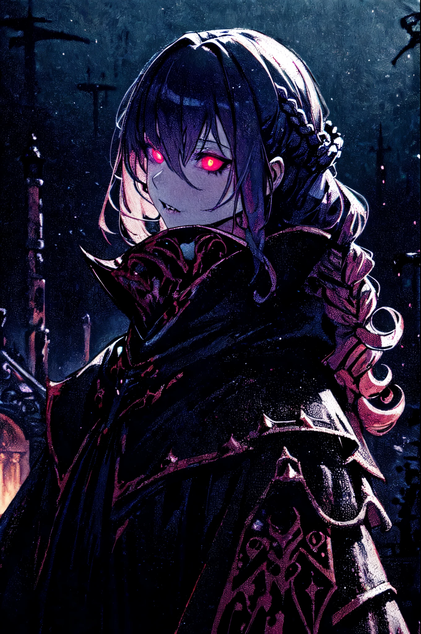 (best quality, masterpiece) high resolution, extremely detailed, detailed background, cinematic lighting, illustration, 1girl, intricate design, solo, decay, death, glowing eyes, active pose, (knight, armor:0.9), vampire girl, gothic, flesh cape, (flesh armor:0.8), (fang:1.1), river of blood, blood, moon light, hair over eyes, covered eyes, blunt bangs, side braid, curly hair,