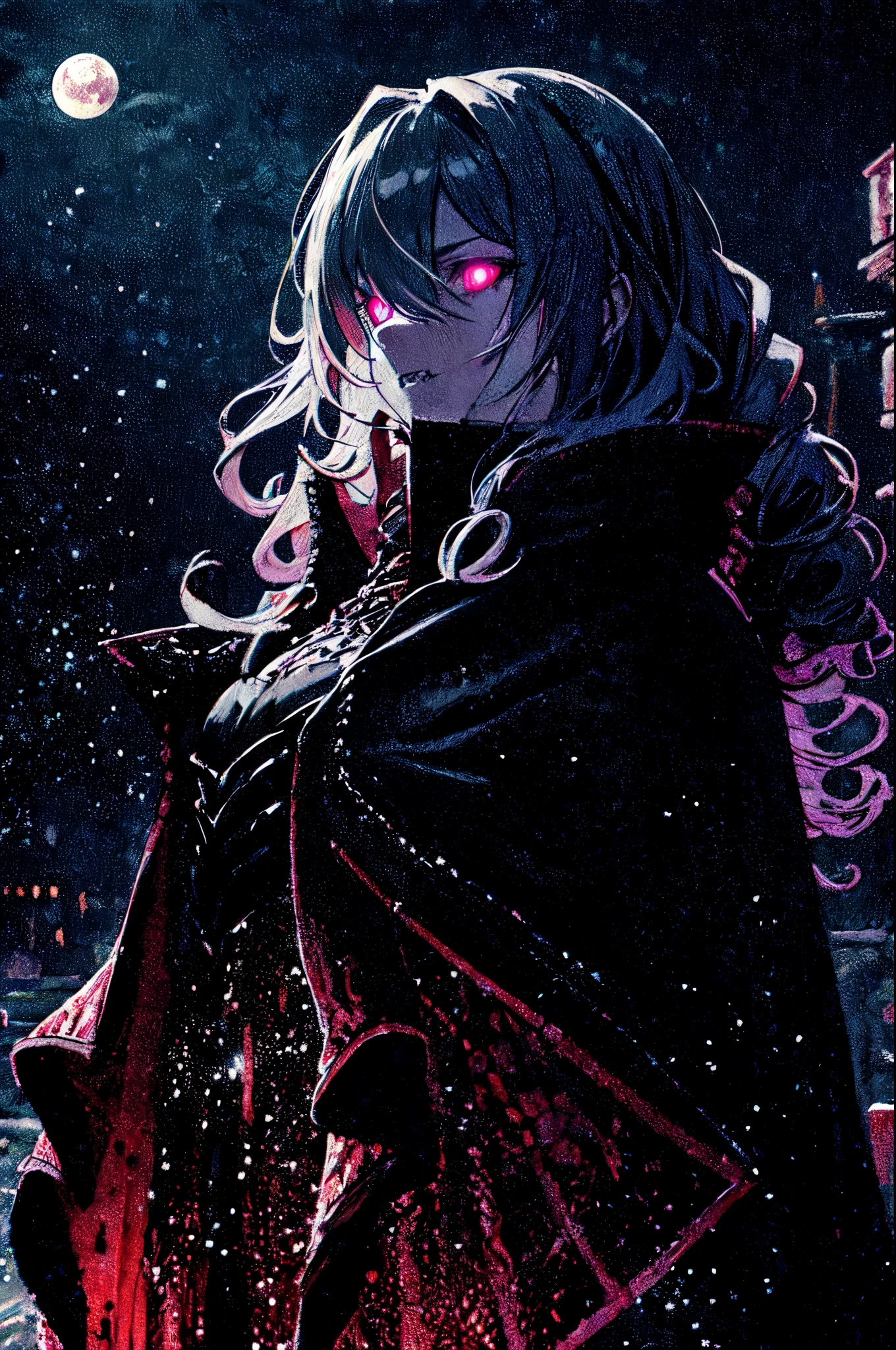 (best quality, masterpiece) high resolution, extremely detailed, detailed background, cinematic lighting, illustration, 1girl, intricate design, solo, decay, death, glowing eyes, active pose, (knight, armor:0.9), vampire girl, gothic, flesh cape, (flesh armor:0.8), (fang:1.1), river of blood, blood, moon light, hair over eyes, covered eyes, blunt bangs, side braid, curly hair,