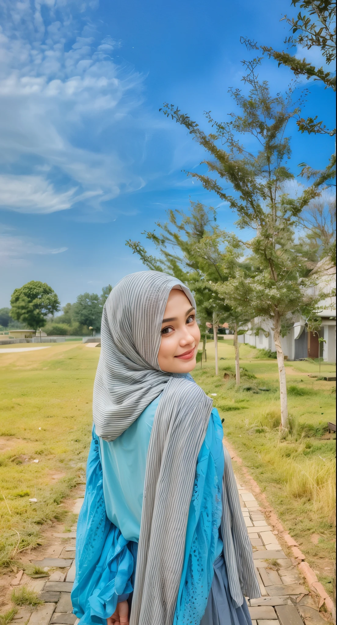 masterpiece, (ultra-high-definition portrait, vignet:1.4), Realistic, extremely detailed, CG unified, 8k, Clean lines, highly detailed, High-definition, raw color photos, she is smiling, Realistic portrait, Cinematic Light, Beautiful detailed, (1hijabgirl, indonesian:1.5), (165cm tall, big breasts with lips like she wants to kiss:1.5), Beautiful big breasts, breasts details, very tight, (Biggorgeous breast, Smiling:1.5), (Smiling, Big Breast:1.4), Close up of a girl in Beautiful clothes with errected , biggorgeous breast, Soft smile, scarf, (Bombastic Side Eyes with curvaceous body:2), pose 4 of 1 6, Undress, No bra, (s that are clearly sticking out detail:1.2), Outdoors, high intricate detailed.