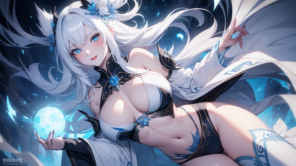 A wolf goddess in anime style, with pure white hair flowing around her, red lips curved into a seductive smile, pale white skin giving a radiant glow, and blue eyes that sparkle with an otherworldly allure. A beautiful blue flower blooms on her head, adding a touch of elegance to her wild and mystical appearance. Her sexy belly is exposed, hinting at her strength and power. She is clad in black equipment, every detail intricately depicted through advanced volumetric lighting techniques. The intricate patterns that adorn her surroundings come alive under the light, creating an enchanting and breathtaking scene. With an 8K resolution, every detail is brought to life,