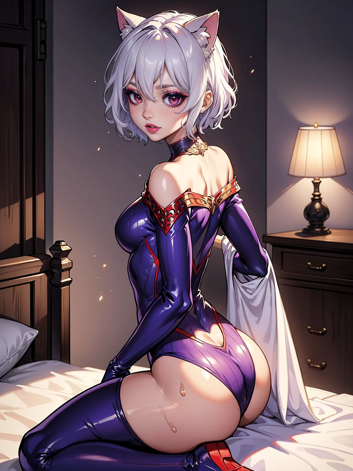 neferpitou, 1 girl, she is wet, A shocked expression, short white hair, short messy hair, cat ears, wet hair, standing, , wet clothes, from the front,（（masterpiece），（Wallpaper CG Unit 8K very detailed)），colorful，more detailed， beautiful red eyes, perfect eyes, perfect face, (red eyes:1), muscular, ((white dress, ornate long dress, purple dress)), sexy violet dress)), spiderman suit with leggins，Raised sexy，look back at the camera，perfect bodies，in a room，，Off-the-shoulder attire, big ass (masterpiece, best quality:1.2), cowboy shot, solo, 1girl, small waist, sexy, masterpiece, well drawn face one-girl，spiderman suit with leggins，Raised sexy，look back at the camera，in a room，Off-the-shoulder attire。full bodysuit from spiderman, laying in bed,(1.femele、Solo)、Skin texture must be natural、detailed：Uniform color tone、use natural light and colors、(bright background)、(natural pose)、(calm expression)、(soft lighting)、、(Exquisite makeup)、(elegant posture)、(smooth skin)、 (well-detailed hands) 、(Bright colors)、(fine details)、(very detailedな服)、(sharp focus, (torn costume, torn uniform))、Get on all fours、Hand in hand、Stick out your butt in pantyhose、、With a seductive look、Show me your tilted ass、Suite Room、dimly lit bedroom、indirect lighting、Rear view、,beautiful light up，Perfect lightning,realistic shaded，[A high resolution],(Smooth and flawless fair skin:1.5),Facial details are extremely delicate,ultra - detailed,one-girl,Alone,small heads,petty face,Clear face,Delicatemakeup,(laughingly:1.2),horny face,drooling,tongue out