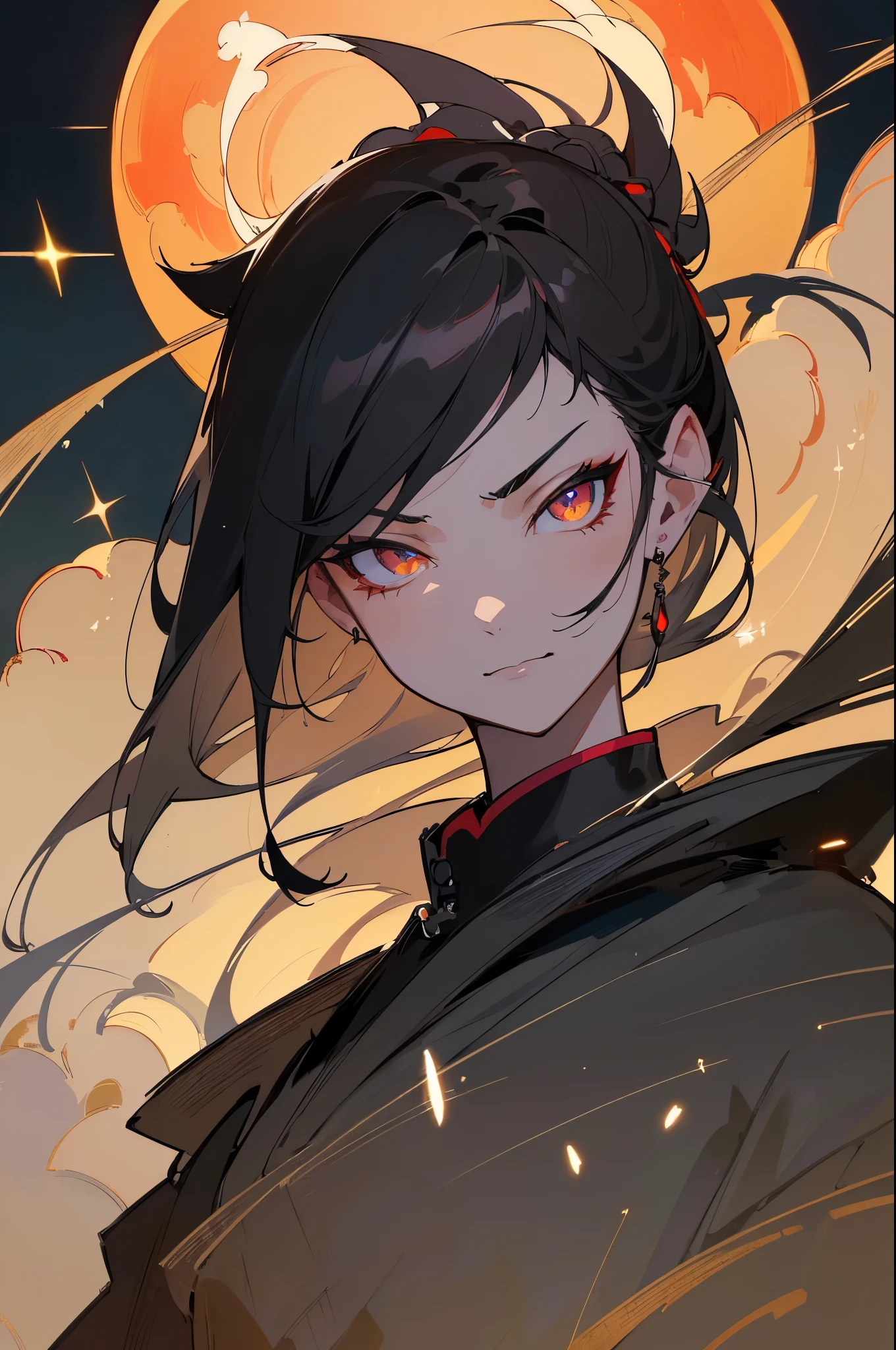 (extremely detailed 8K wallpaper),(ultra-detailed),(best quality),(masterpiece),(highly detailed),(cinematic lighting),(Original),Cold ligh,moody,((headshot)),(Chinese elaborate-style painting),1girl,solo,black hair,black robe,plain clothing and decoration,(((Eyes sparkling in the moonlight))),((villain image)),(((arrogant expression)))