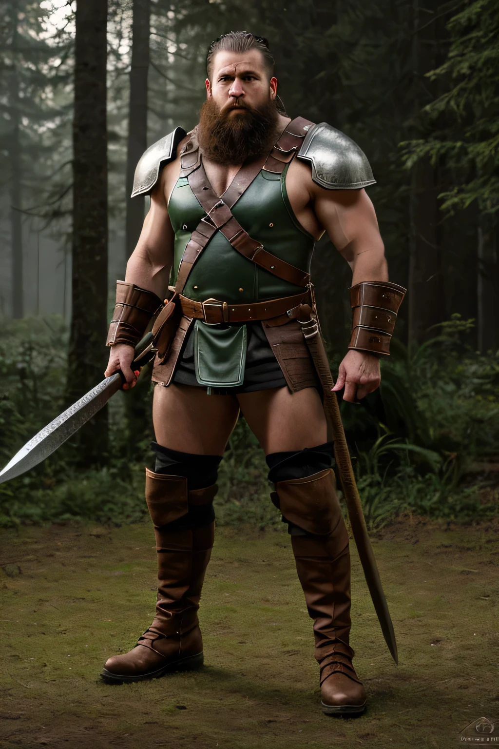 Imagem hiper fotorrealista, Gilius Thunderhead, The dwarf, man with beard and hair as white as wool, pele bronzeada, olhos castanhos, Athletic and muscular body, Olhar calmo, corpo suado, ferreiro, usa um capacete vicking verde, armadura verde com colete nas mangas , usa botas de couro marrom, his weapon is a huge ax for chopping wood, feito de prata, lives in barbaric fantasy