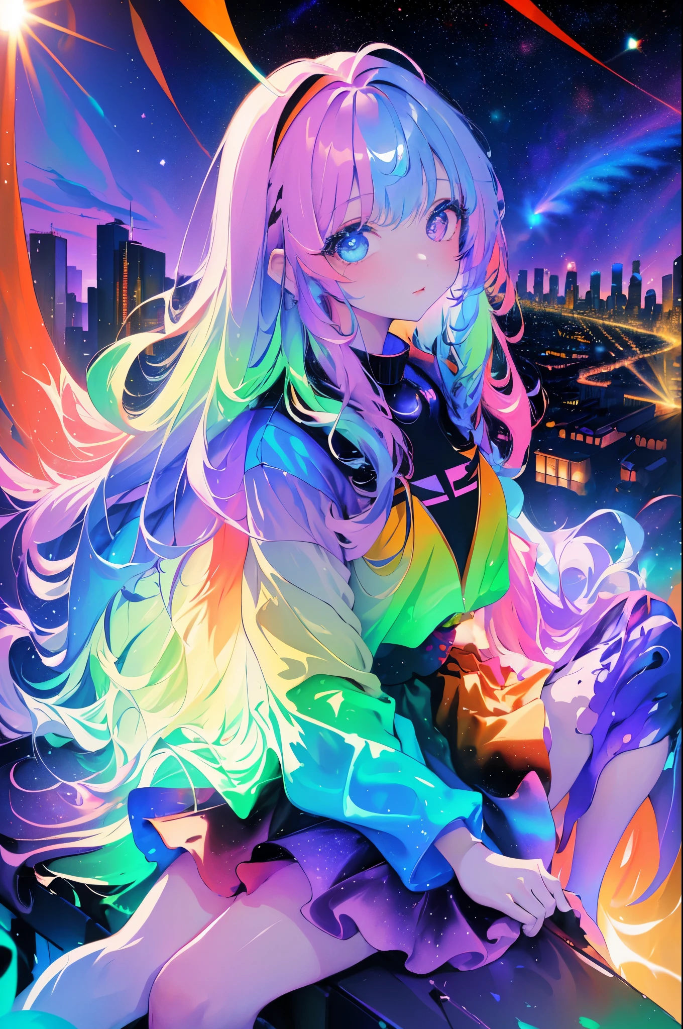 Night view of a big city seen from a high place、sitting in a colorful metropolis、Near Future City、colourfull、Colorful spacesuit、skirt by the、dream-like(Petite and beautiful girl with fine eyes。The depth of field in the photos is perfect、Lens flare added a nice touch。