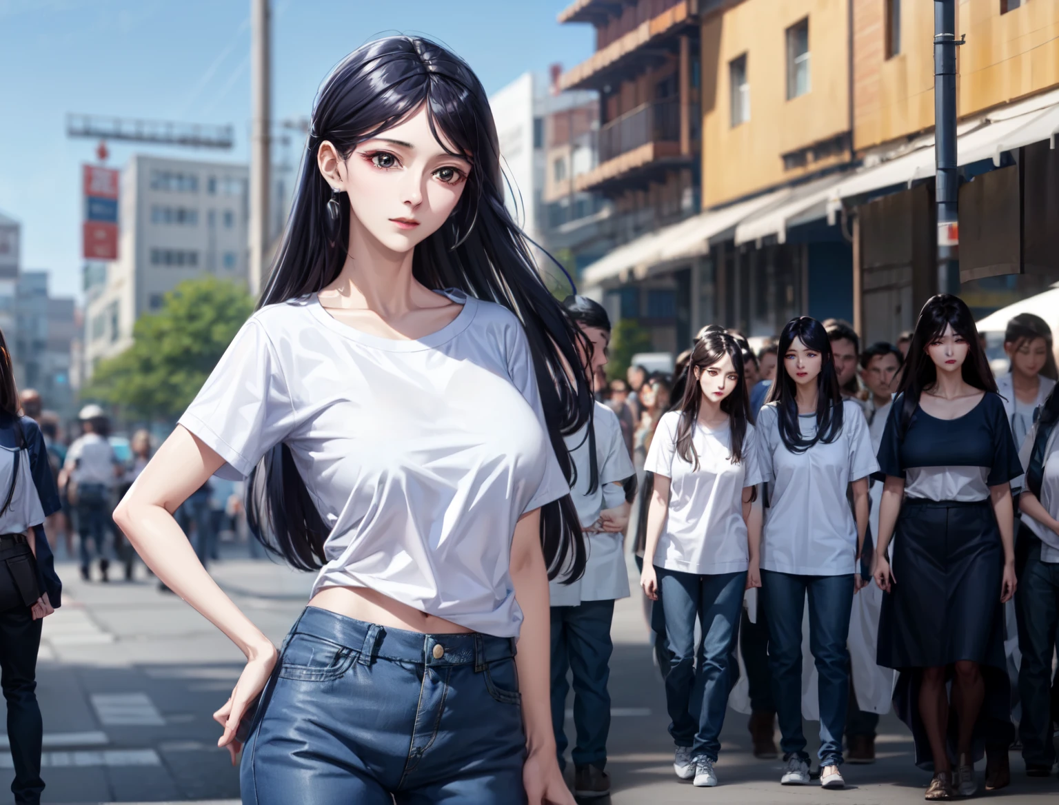 Only one girl is in the picture、big breasts、T-shirt、White、jeanedium long hair、purple hair、jeans