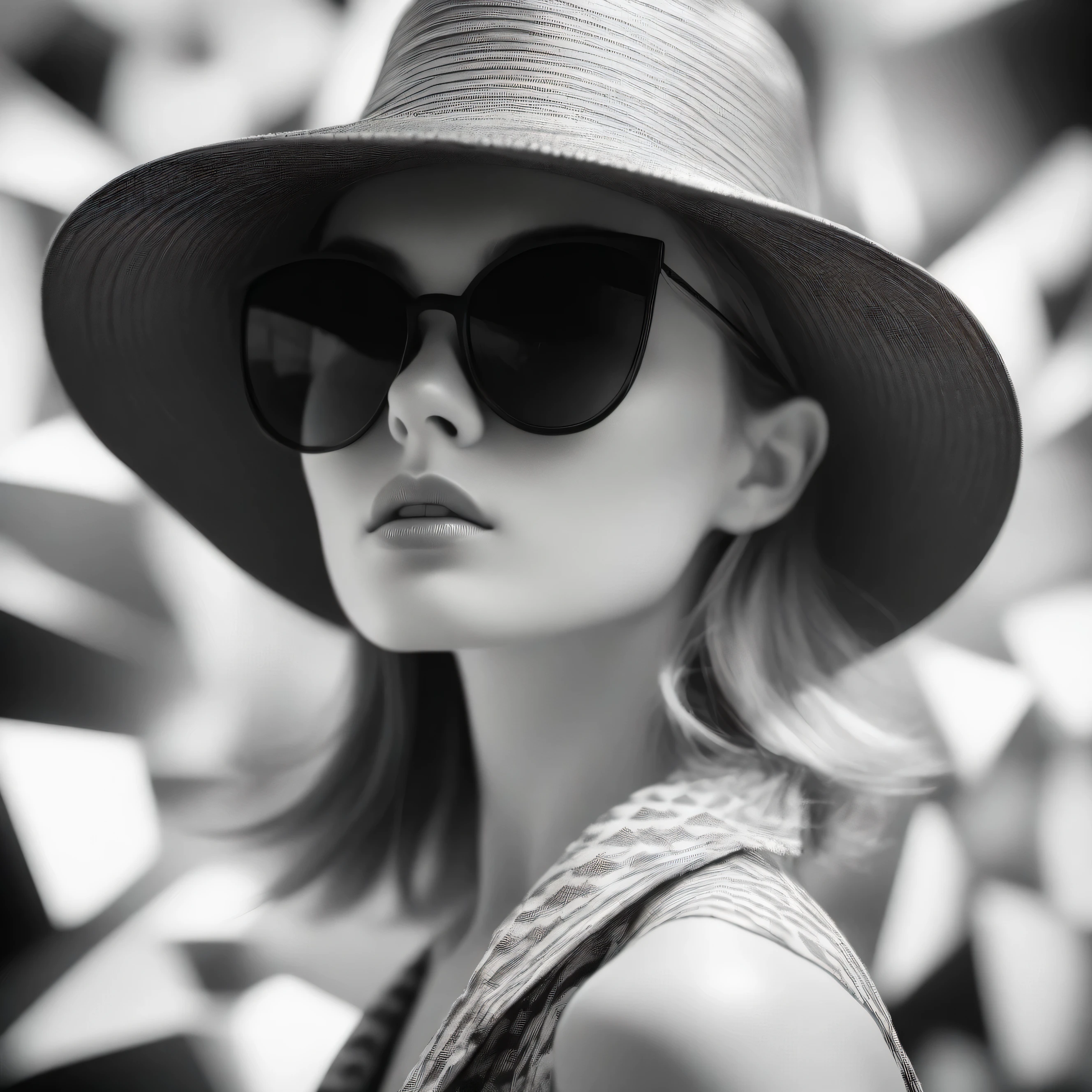woman in sunglasses and a hat. black and white image, in the style of vray tracing, precision in details, dmitry kustanovich, frontal perspective, nikolina petolas, close-up shots, bold and bright --ar 14:25 --stylize 750 --v 6