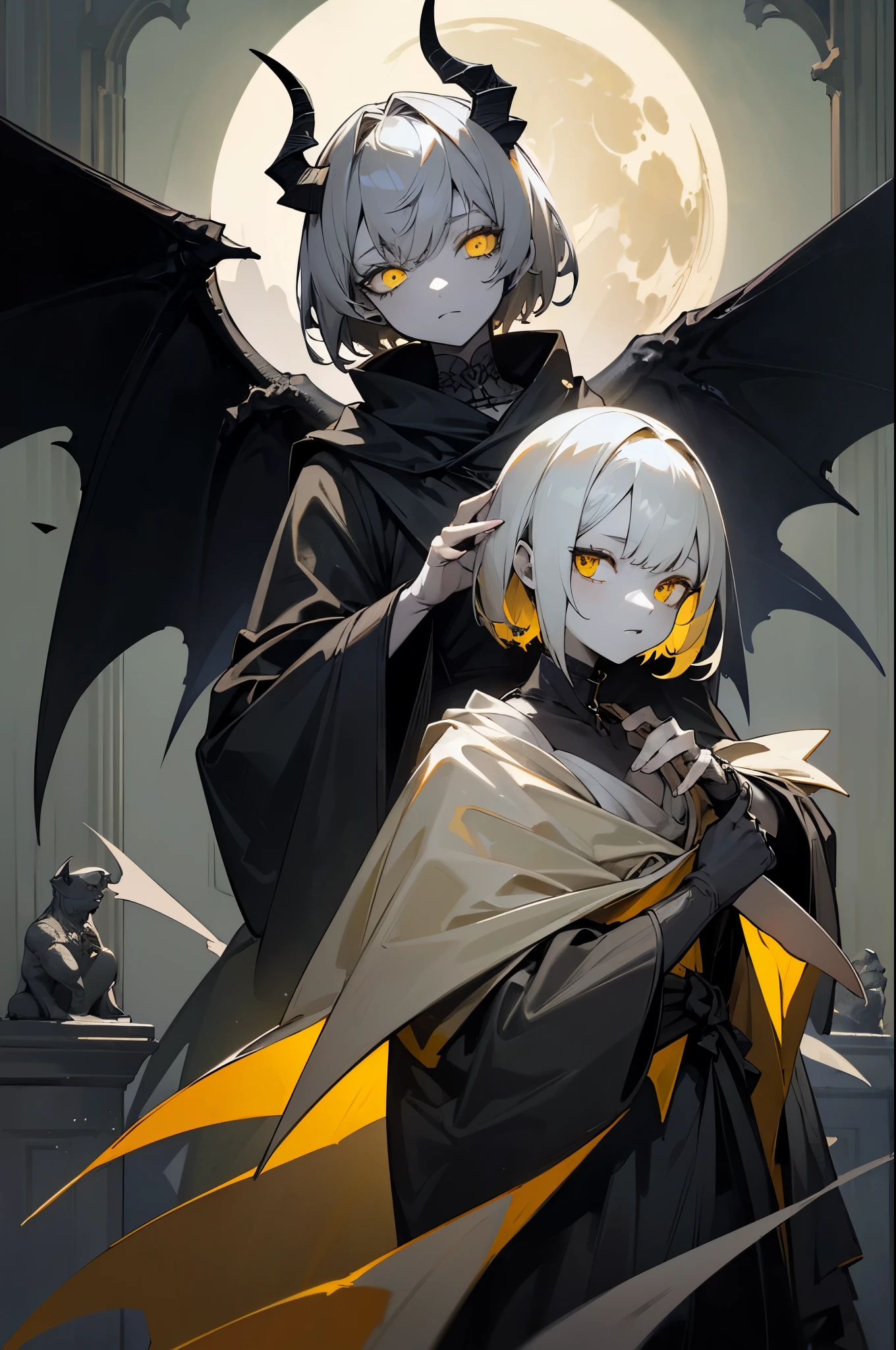 ((best quality, masterwork)) Gargoyle, humanoid, grey skin, grey tint, dark night, yellow eyes, glowing eyes, female, stone skin, black robes, short hair, gothic style, moon, gothic house, large horns, cracks in skin