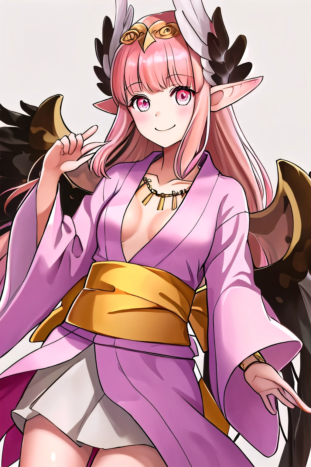 Best quality, artwork, high resolution, Alone, {yukata:1.40}, {kimono:1.20}, {circe_fgo:1.15}, pointy_ears, pink_hair, head_wings, wings, bangs, feathered_wings, long_hair, jewelry, smile, breasts, necklace, blush, small_breasts, multicolored_eyes
