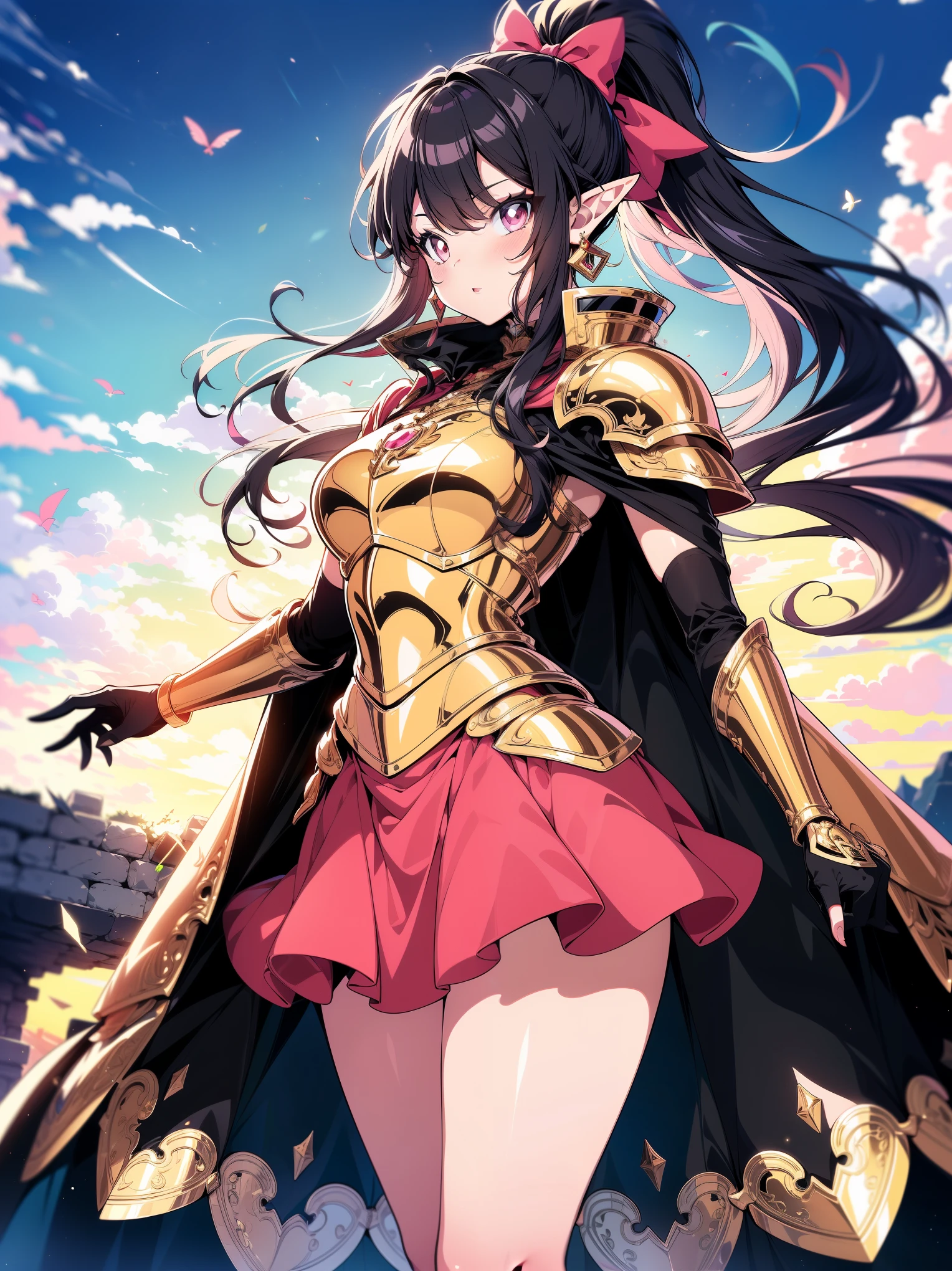(masterpiece), (cowboy shot), (best quality, ultra-high resolution, depth of field:1.2), (perfect anatomy), Fair skin, Elf girl, pink eyes, black hair in a hime hairstyle, ponytail, pink bow, gold earrings, armor, golden armor, (long skirt:1.2), frills, high thighs boots, cape, fantasy scenery