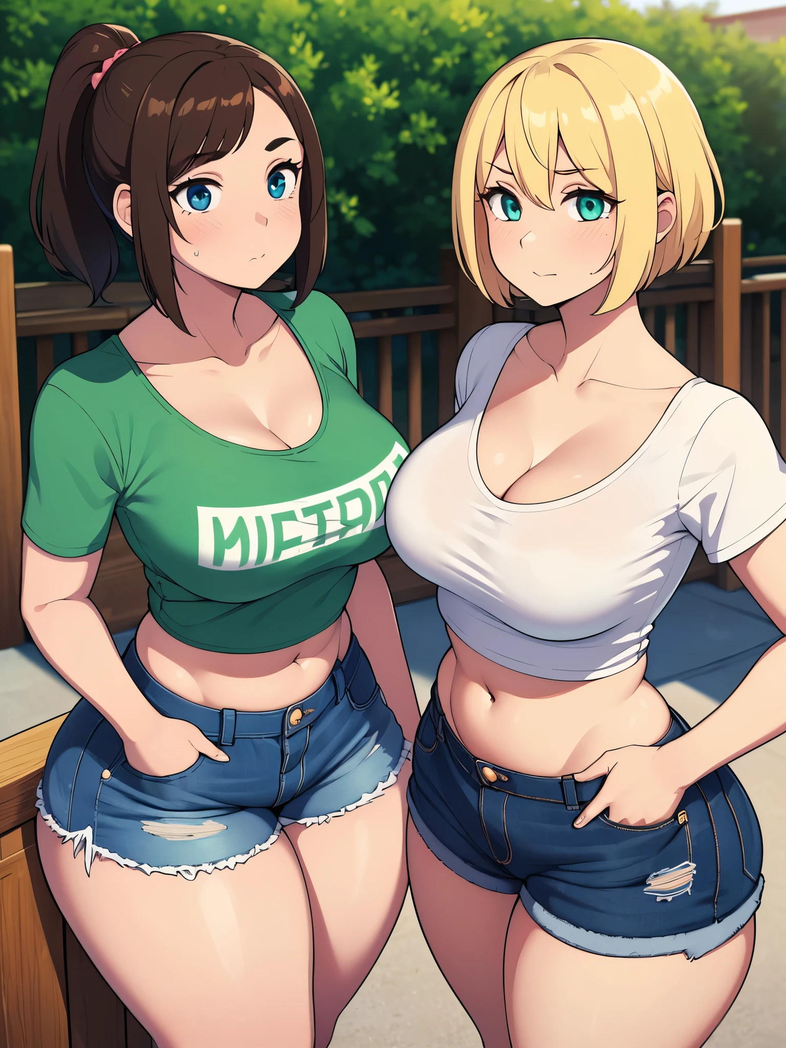 ((highres)), Masterpiece, high quality, best quality, beautiful, perfect lighting, detailed face, ultra cute face, ((2girls)), one girl has blonde hair, blue eyes, crop top and shorts, one girl has brown hair, green eyes, jeans, white shirt, tight clothes, backyard, medium breasts, cleavage, (wide hips), ((thick thighs)),