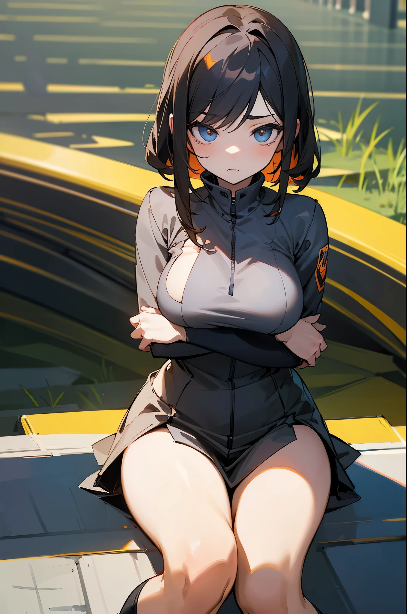 (masterpiece),best quality, expressive eyes, perfect face,w sitting, w sitting on ground, legs on ground, 1girl, big breast,Focalors, crossing arms, beautiful, gorgeous