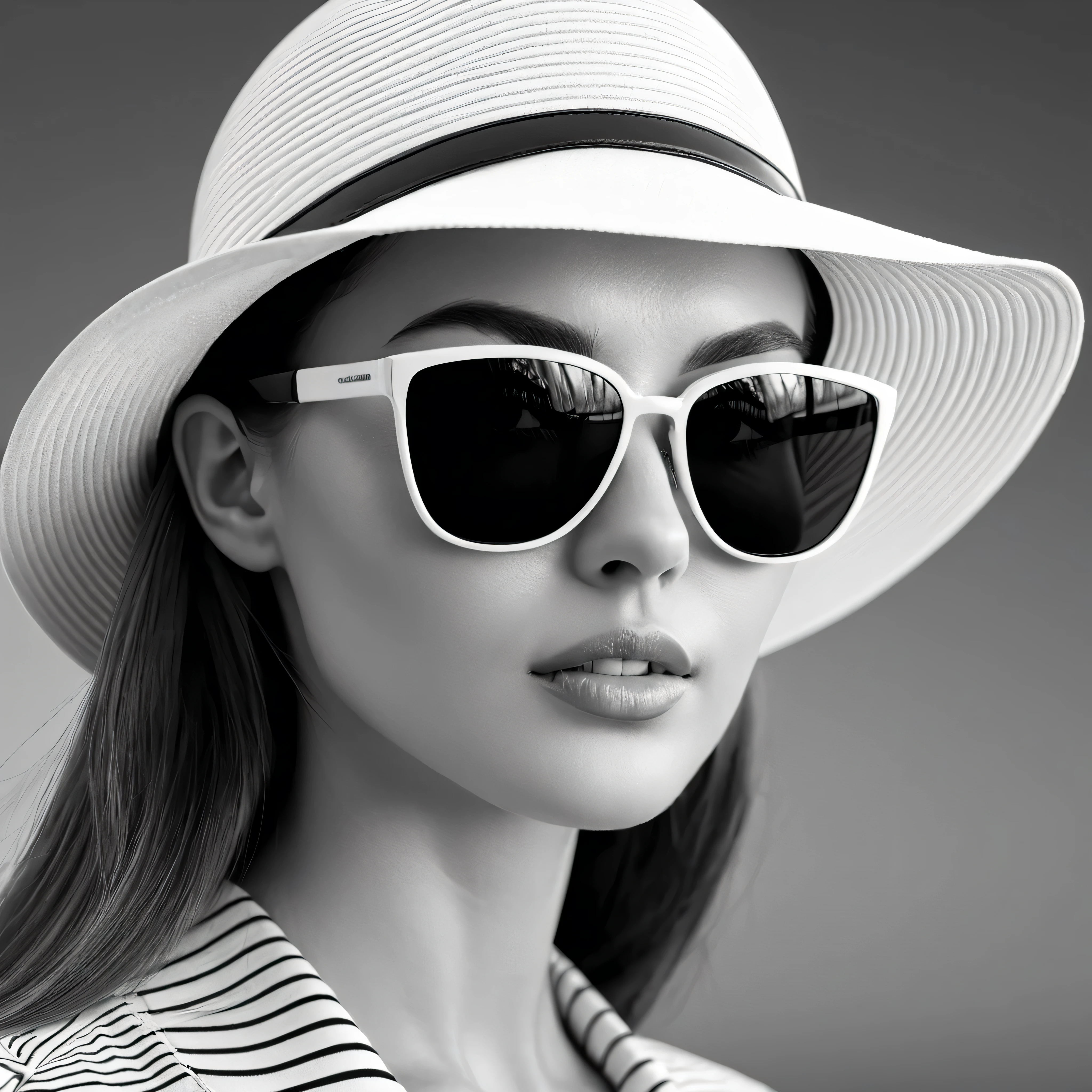 woman in sunglasses and a hat. black and white image, in the style of vray tracing, precision in details, dmitry kustanovich, frontal perspective, nikolina petolas, close-up shots, bold and bright --ar 14:25 --stylize 750 --v 6