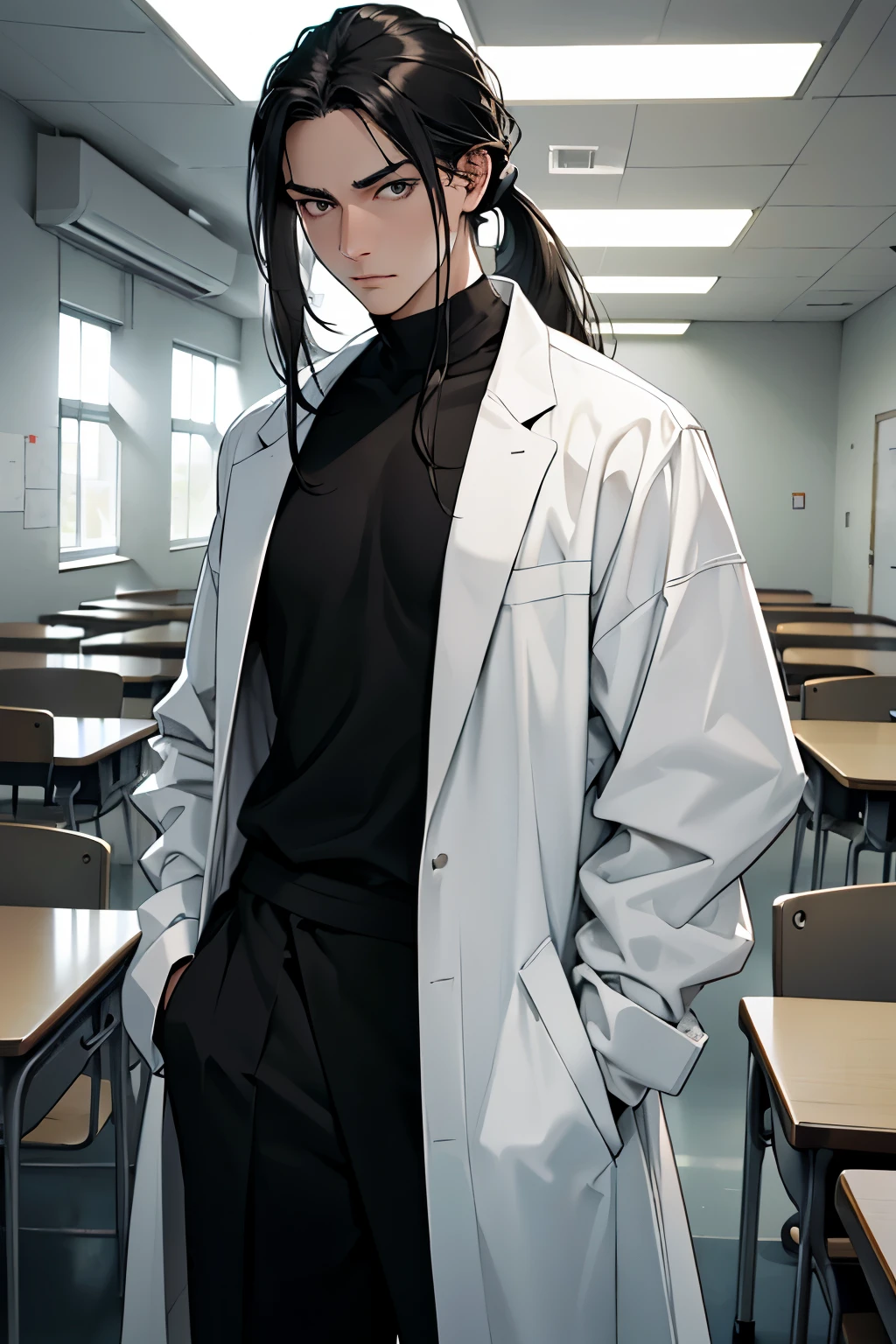 (best quality,highres),pale skinned man with long black hair in a ponytail, gray eyes, wearing a white lab coat over a white shirt, extremely thin, tired expression, anemic, with a classroom in the background.