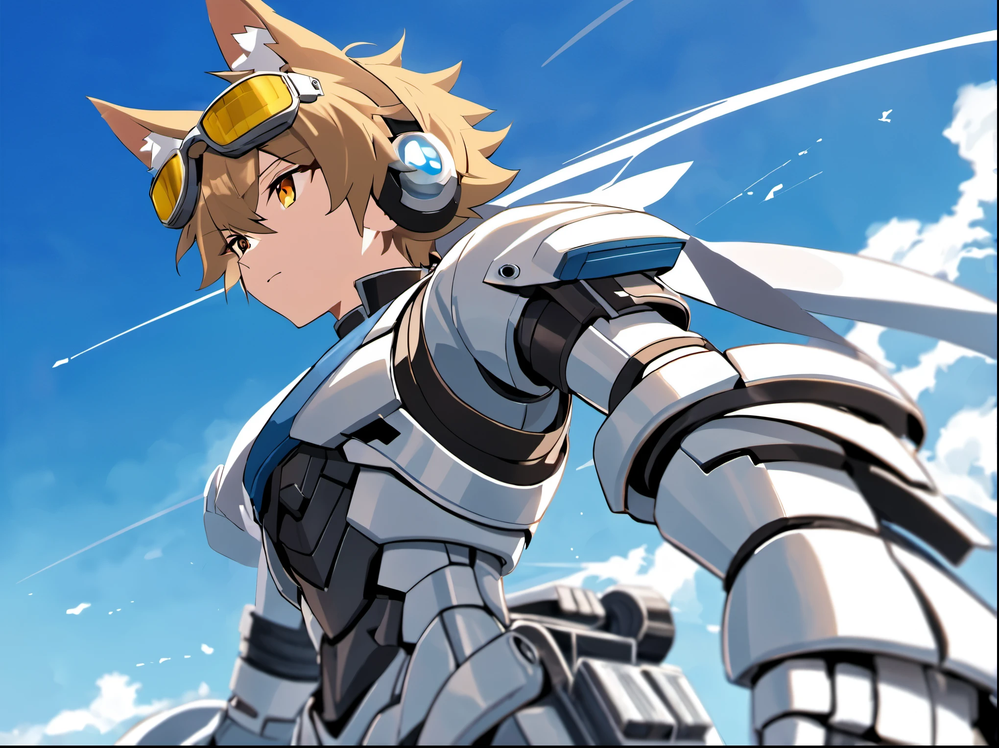Game CG,4K quality,((young boy)),Youthful feeling,anime hero,wolf ears,glad,(Tactical communication goggles),Blue and white light mecha suit,White mecha gloves,armored shoes,Wind,full body portrait,Sky,flight,(Remove bot)