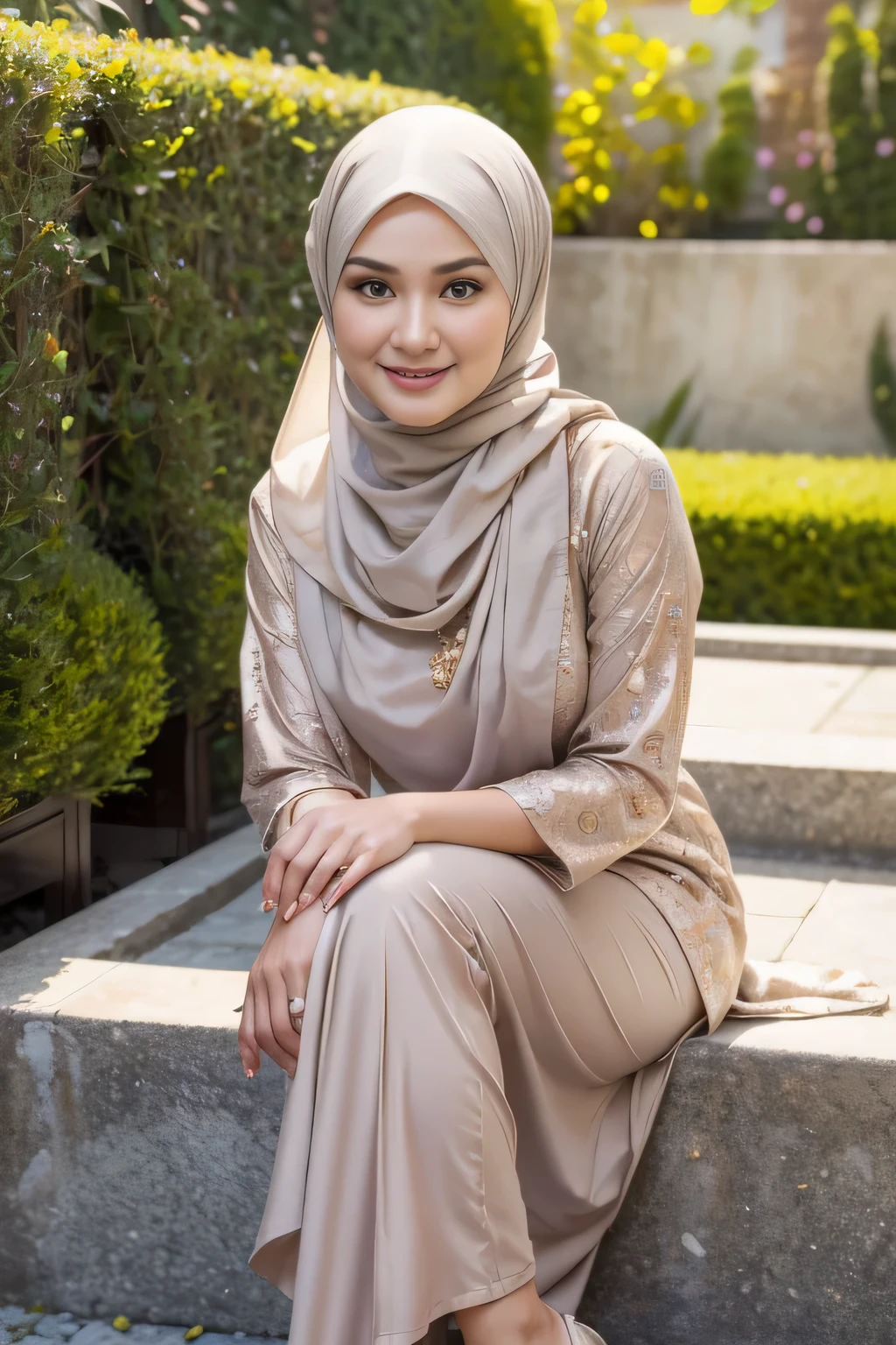 (best quality,4k,8k,highres,masterpiece:1.2),ultra-detailed,(realistic,photorealistic,photo-realistic:1.37),beautiful Indonesian woman with hijab,expressive and captivating eyes,subtle and elegant hijab,graceful and confident posture,soft natural light,delicate facial features,bright and colorful background,fine brush strokes,lively and vibrant colors,traditional Indonesian patterns,traditional and modern fusion,feminine and strong,charming smile, high heels, peaceful garden setting,serene and tranquil atmosphere,authentic cultural representation