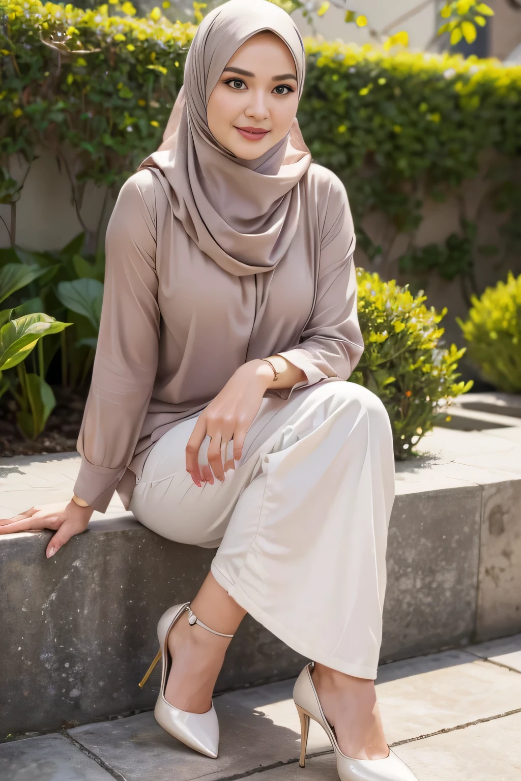 (best quality,4k,8k,highres,masterpiece:1.2),ultra-detailed,(realistic,photorealistic,photo-realistic:1.37),beautiful Indonesian woman with hijab,expressive and captivating eyes,subtle and elegant hijab,graceful and confident posture,soft natural light,delicate facial features,bright and colorful background,fine brush strokes,lively and vibrant colors,traditional Indonesian patterns,traditional and modern fusion,feminine and strong,charming smile, high heels, peaceful garden setting,serene and tranquil atmosphere,authentic cultural representation