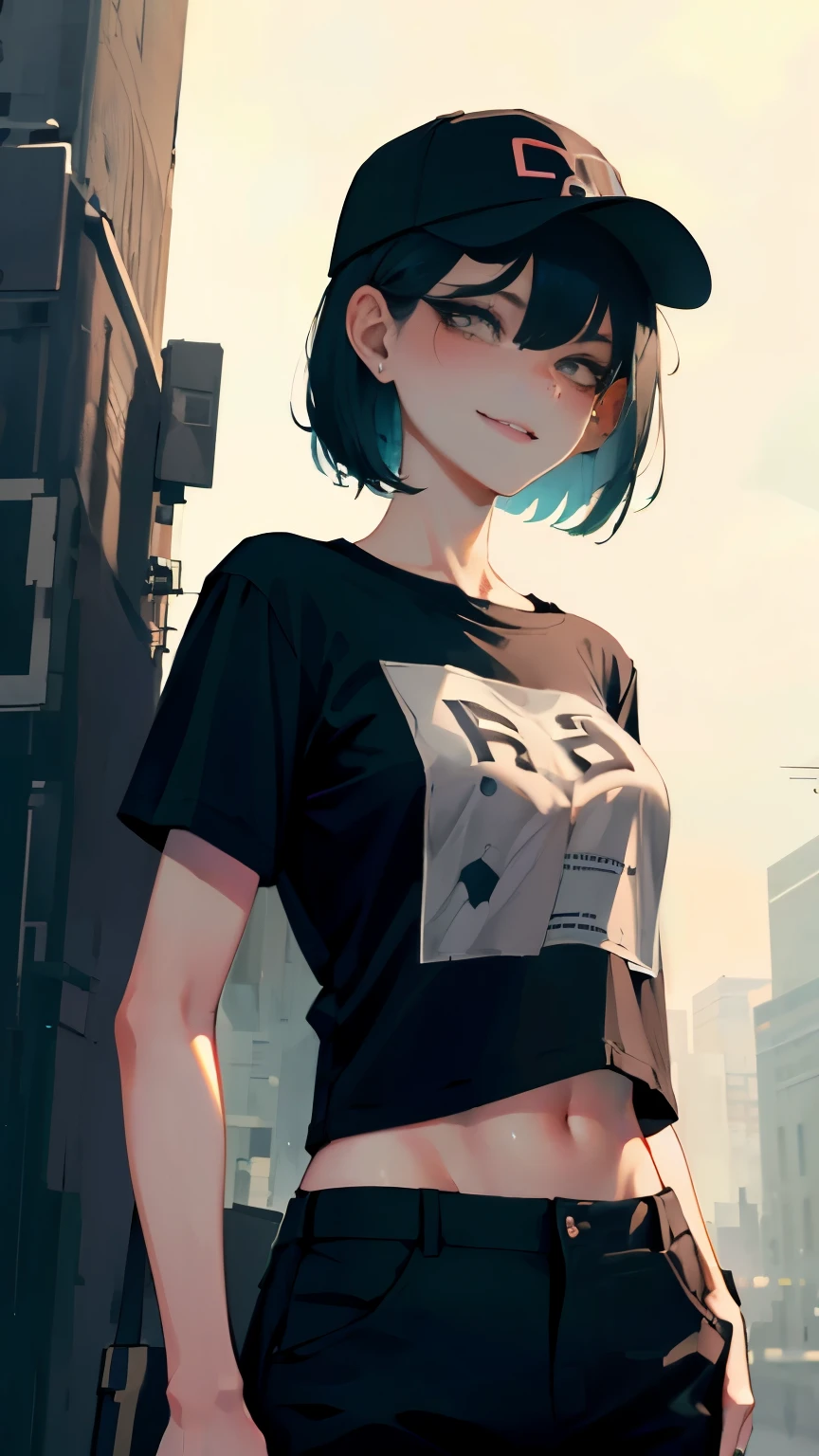 super resolution,
(realistic:1.3),
(1 slim girl), stylish girl, fashion,
young face, blush, (evil smile),
(slim) thigh,
baseball cap, earrings,
(black t-shirt), (baggy cargo pants),
gravure,
Rainy streets