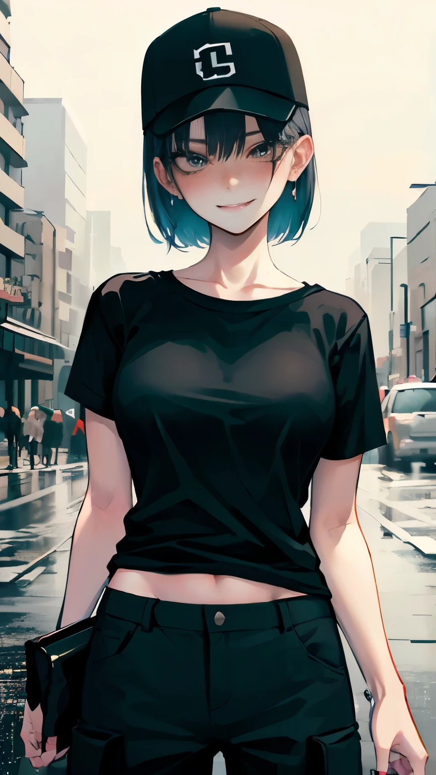 super resolution,
(realistic:1.3),
(1 slim girl), stylish girl, fashion,
young face, blush, (evil smile),
(slim) thigh,
baseball cap, earrings,
(black t-shirt), (baggy cargo pants),
gravure,
Rainy streets