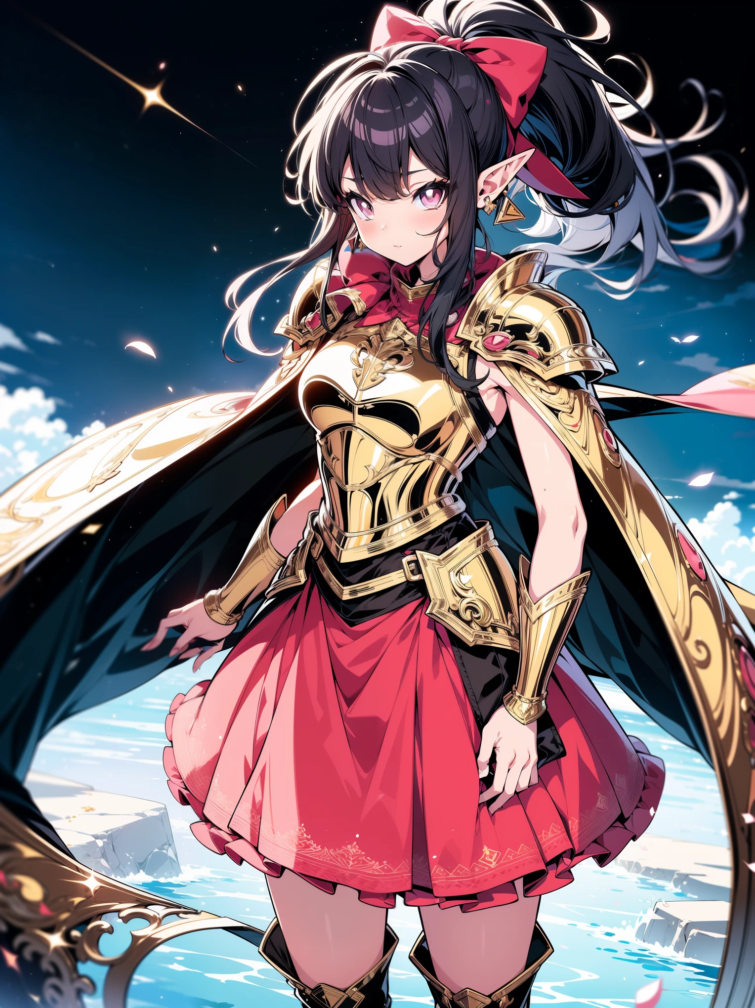 (masterpiece), (cowboy shot), (best quality, ultra-high resolution, depth of field:1.2), (perfect anatomy), Fair skin, Elf girl, pink eyes, black hair in a hime hairstyle, ponytail, pink bow, gold earrings, armor, golden armor, (long skirt:1.2), frills, high thighs boots, cape, fantasy scenery