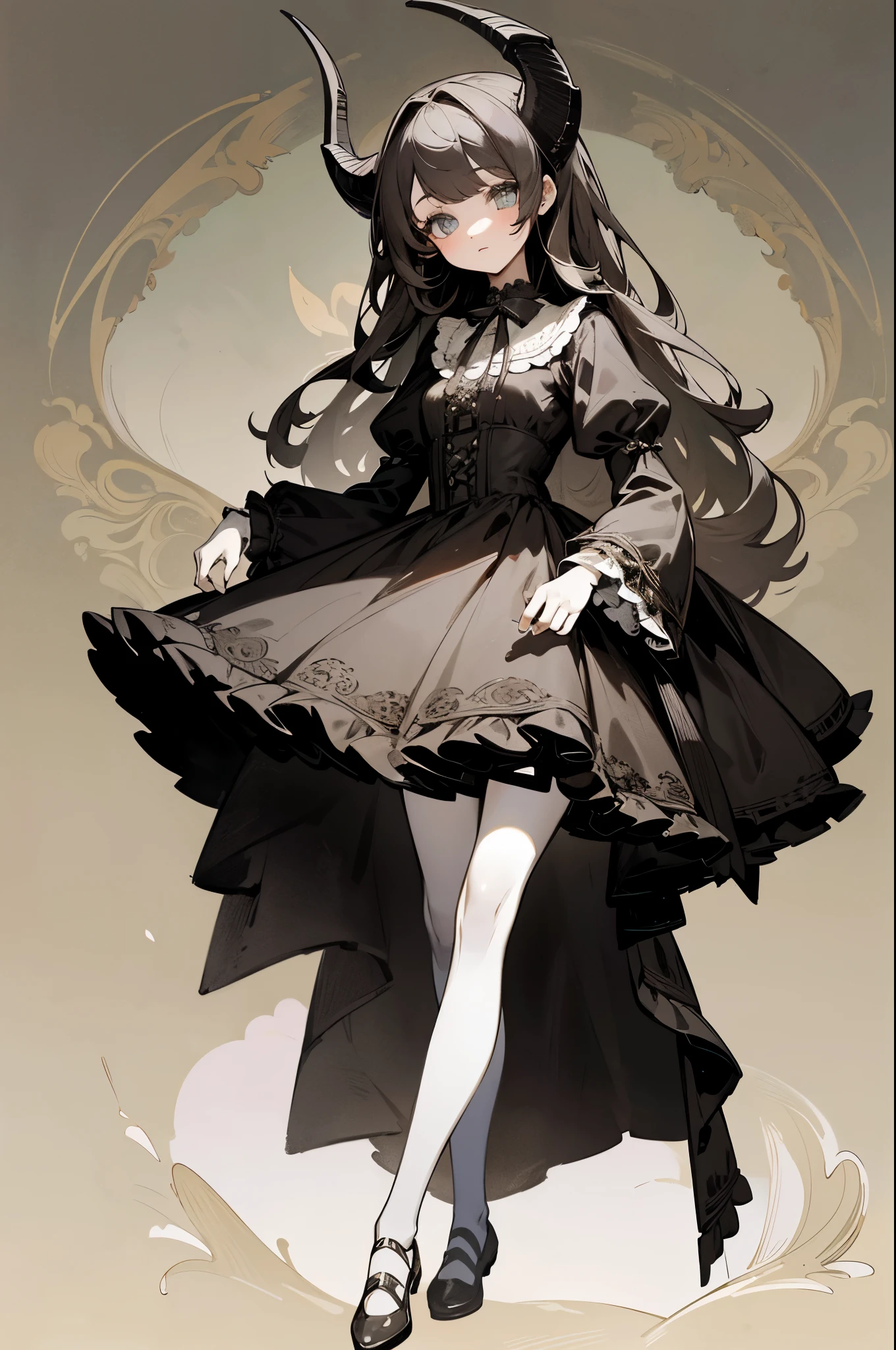 ((masterpiece,best quality,highest quality,illustration,intricate details)),A lovely young girl with Victorian hair, a pair of goat horns with bell decoration, beautiful innocent eyes, wearing a rococo dress and black stockings, full body photo, extremely detailed,Background monochrome