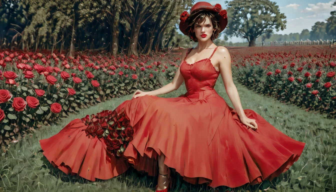 usando um vestido vermelho《one piece》A imperatriz feminino ((milha Jovovich) (27 anos) com vestido vermelho Escuro, The skirt is long to the floor and I wear a hat), Boyahan Cook is surrounded by roses, em um mundo de sonho vermelho, em fundo vermelho, cores vermelhas ricas, cores vermelhas vibrantes, Extremamente colorido，tonalidade vermelha, humor vermelho no fundo, red petals falling, Muito vermelho, Mulher De Vestido Vermelho, corpo quente，cor vermelha, cor vermelha, Atmosfera Vermelha, tema vermelho, linda linda arte digital, tonalidade vermelha.