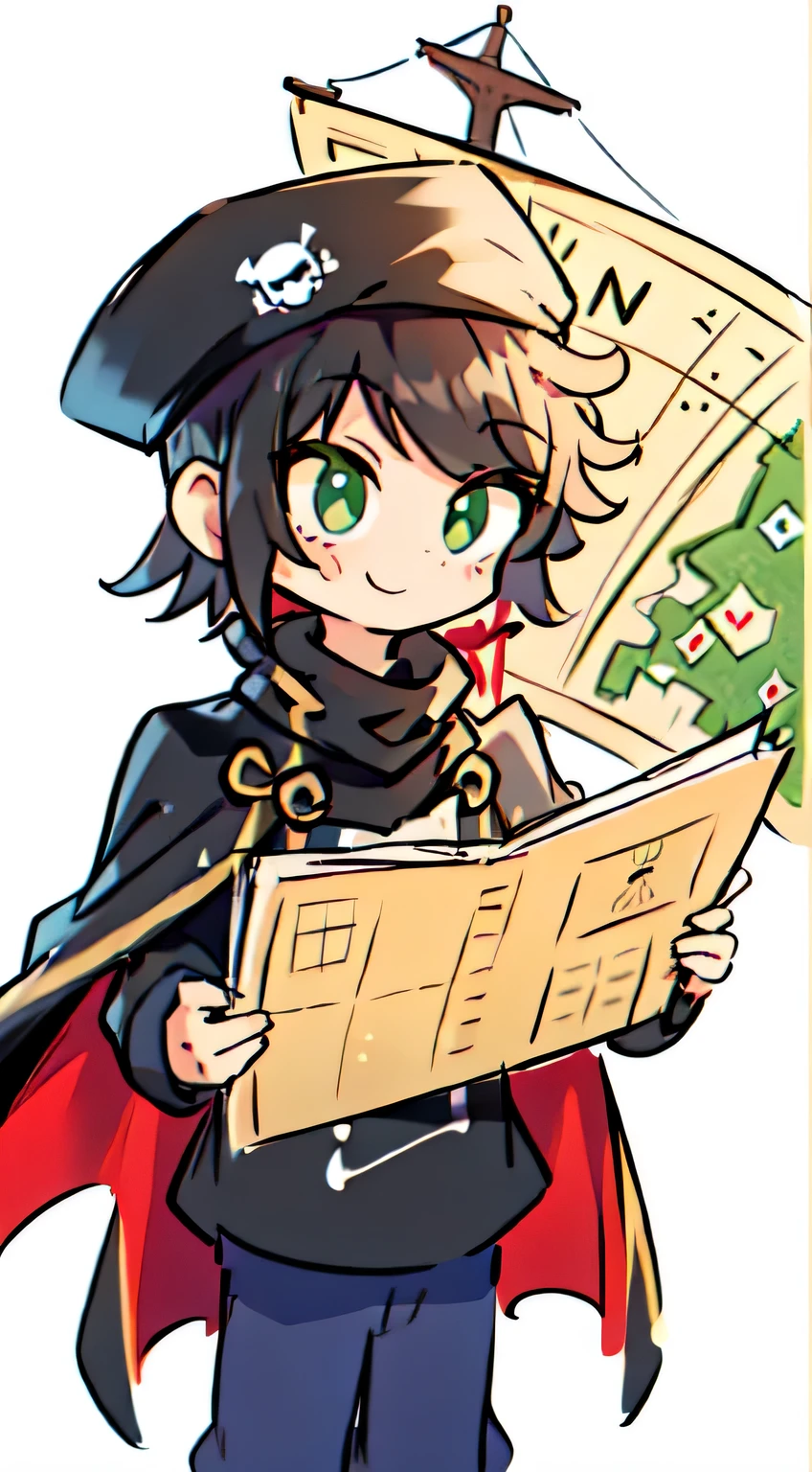 a boy ,wearing hat , pirate hat , on ship , black hair black shirt , green eyes , black cap , red cape , , smile , holding map , 