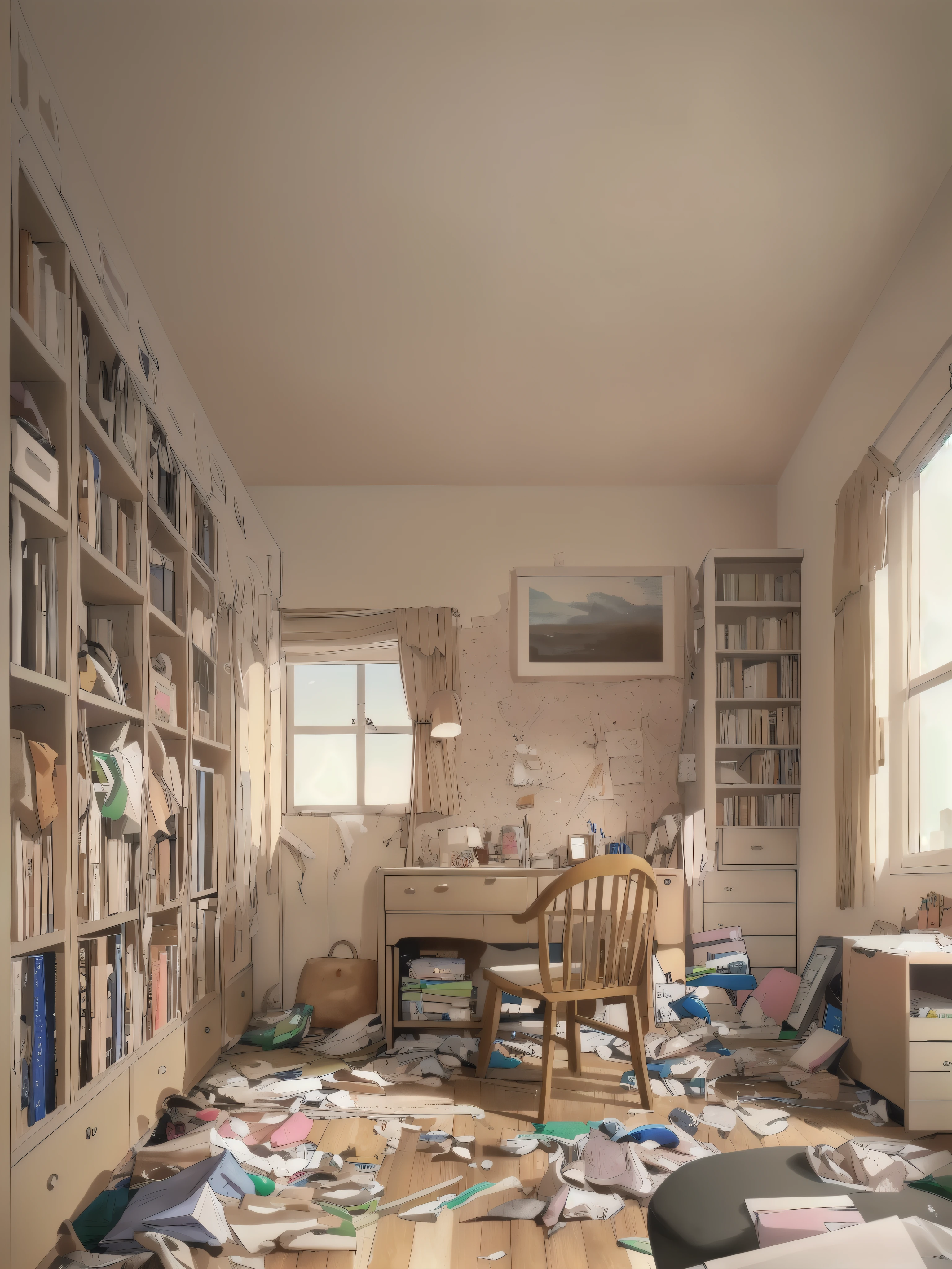 childreninterior room,  indoor, room, pastel color wallpaper, book shelf, desk, chair,
(best quality, masterpiece, RAW photo,ultra-detailed:1.2), 1girl, full body, (Clutter-Home:1.5)