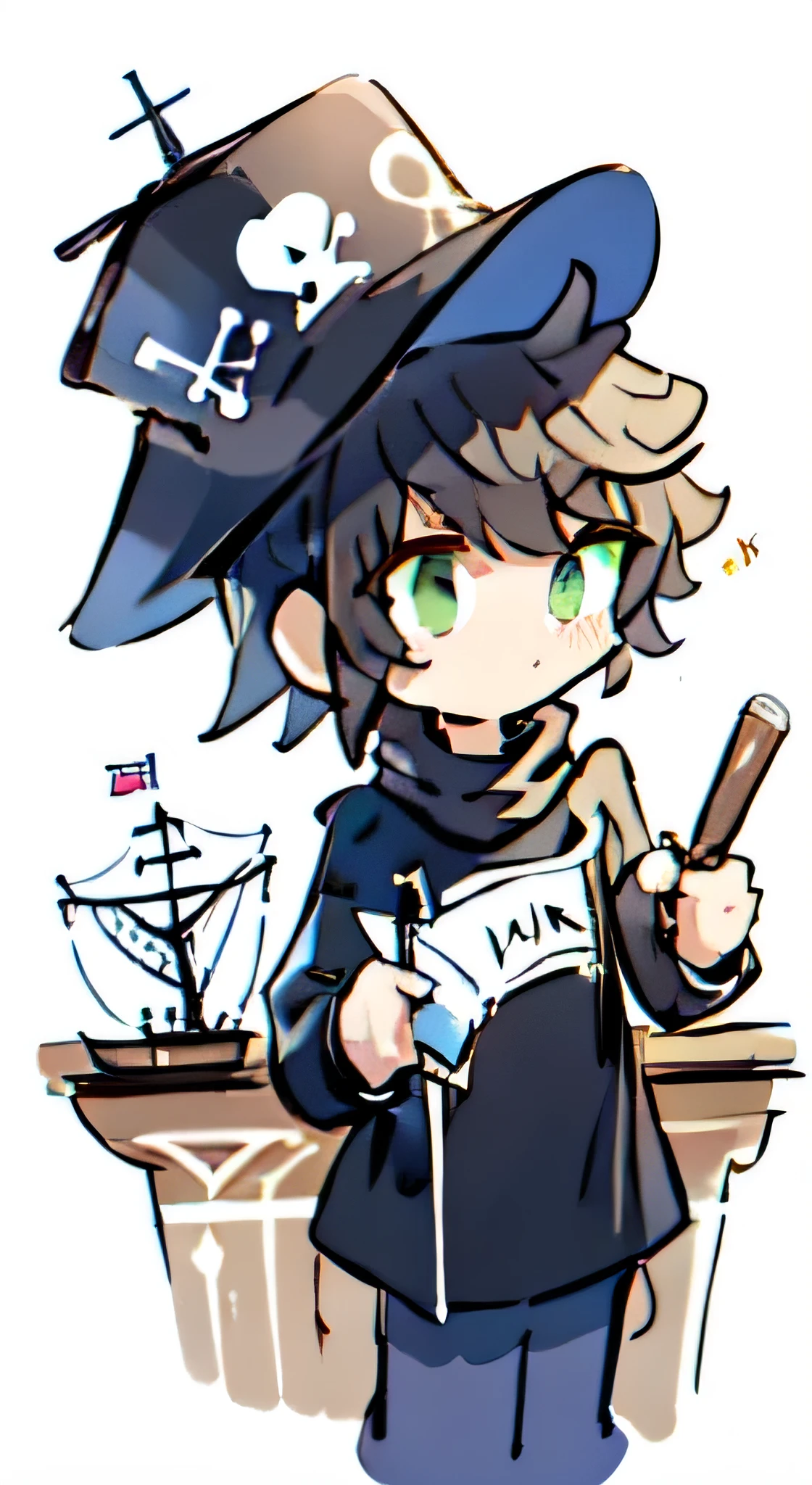 a boy ,wearing hat , pirate hat , on ship , black hair black shirt , green eyes