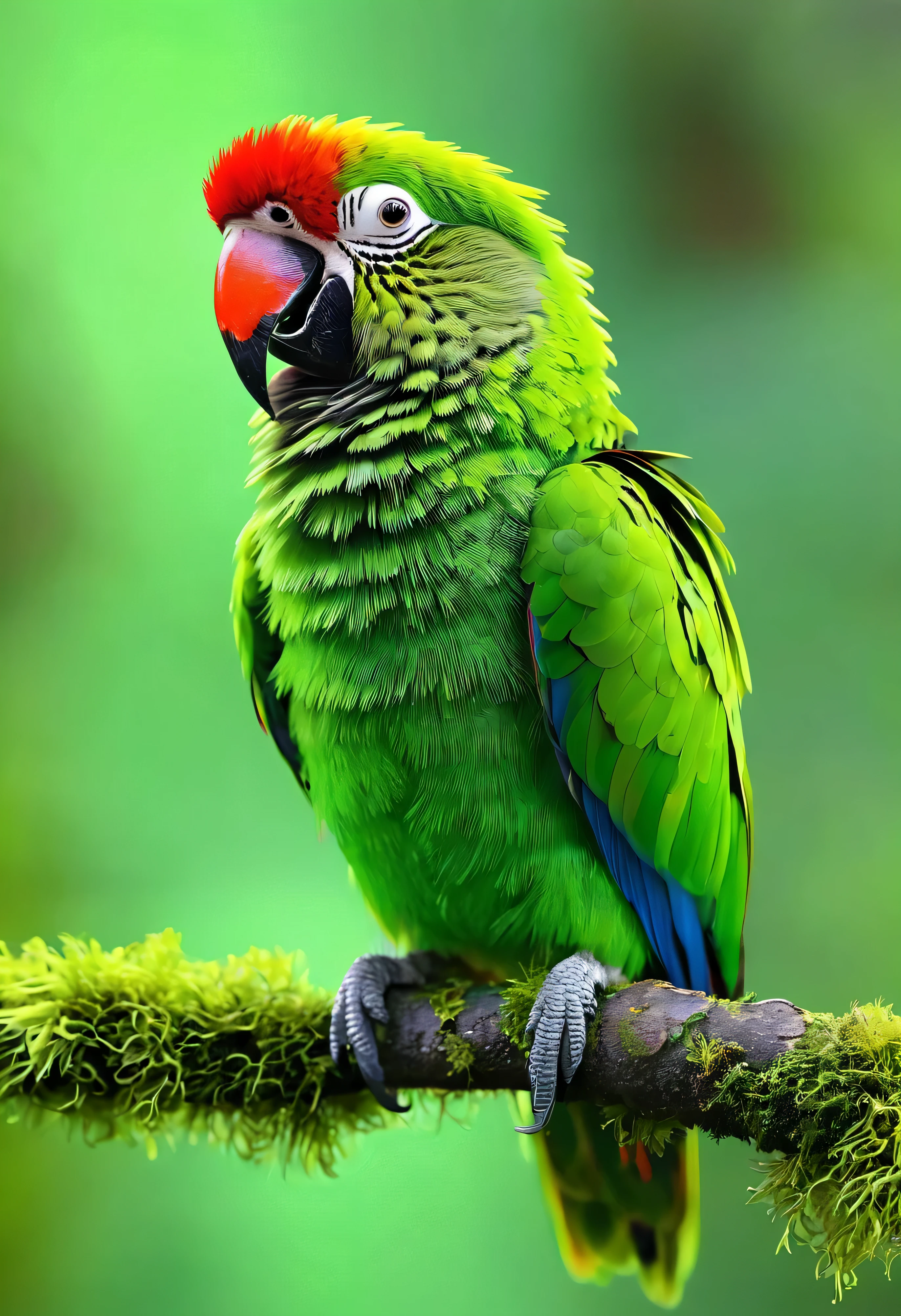 there is a green bird sitting on a branch with moss, parrot, green head, fluffy green belly, highly colorful, pararel, innocent look. rich vivid colors, colorful bird with a long, perched on a mossy branch, vivid colors!, closeup 4k, colourful, quetzal, vibrant vivid colors, cute colorful adorable, parrots