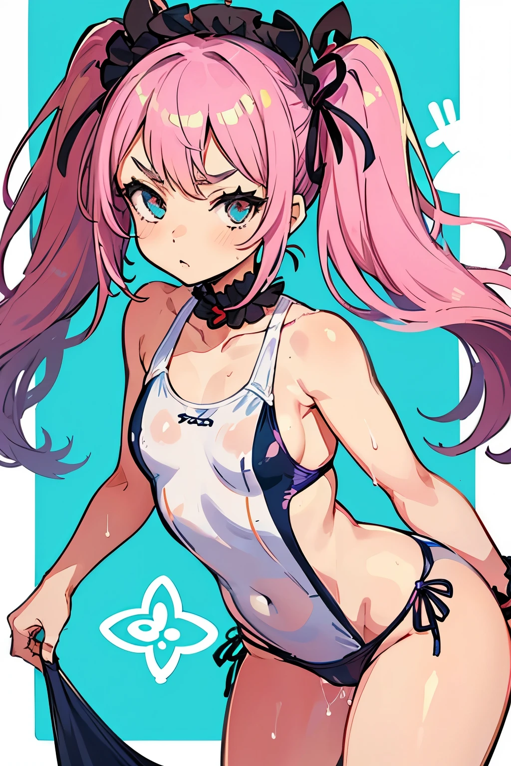 Girl with pink hair, long twintail hairstyle, small bushy eyebrows, wearing gothic ta swimsuit, loli(Zankuro) drawing style by zankuro artist, Zancrow style, image uploaded in R34, moving her swimsuit panties to show her vagina wet with semen