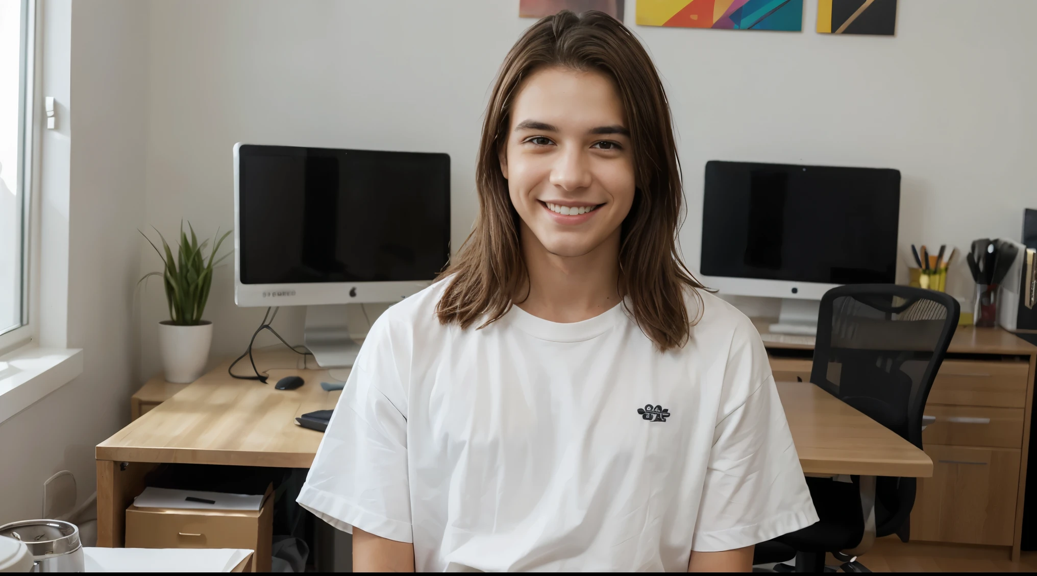 Joven Ejecutivo en su oficina. He wears a white shirt and black pants. De pie con manos en la cintura. Enfoque en la persona. Smiles while looking at the observer. Neat brown hair. Luz tungsteno