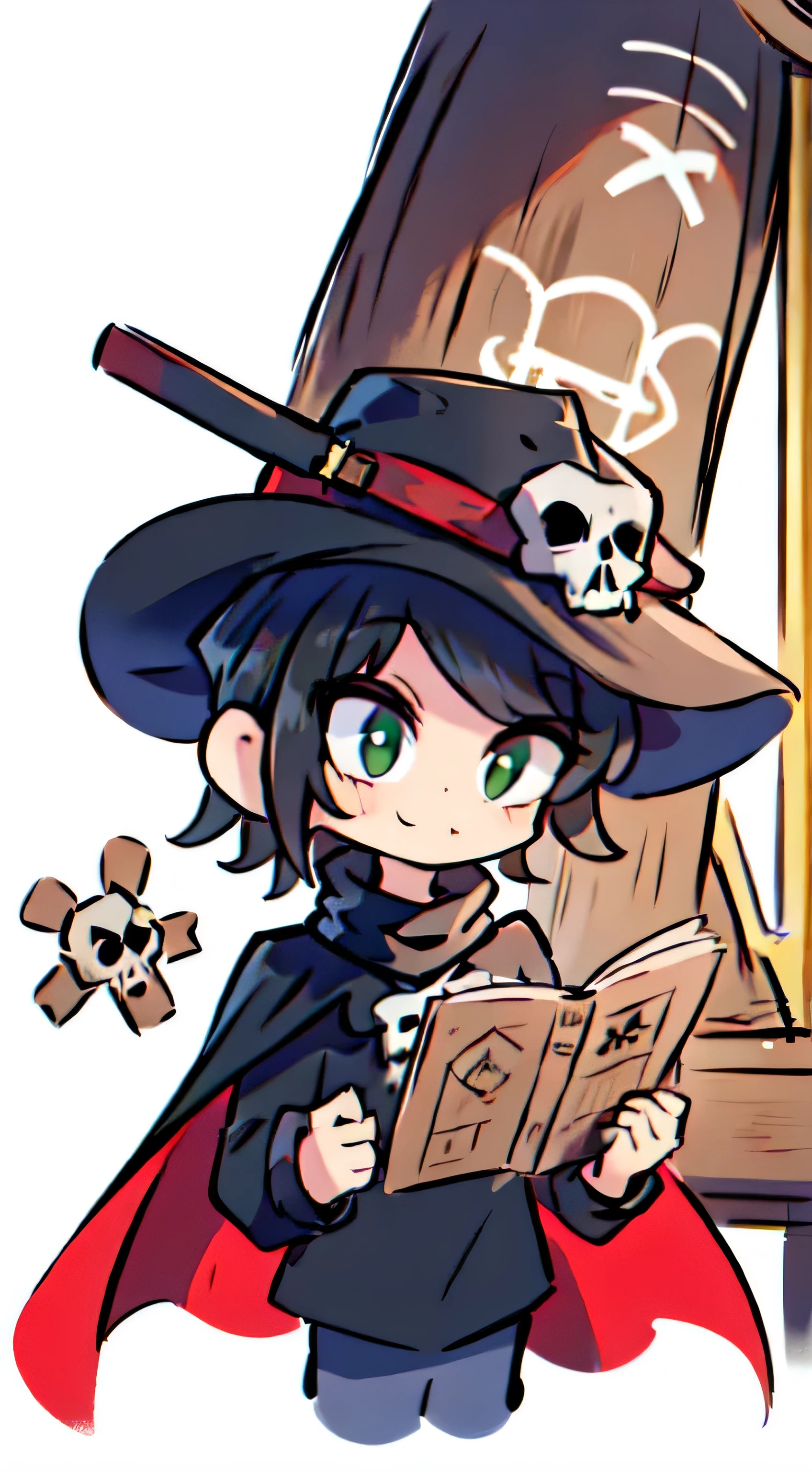 a boy ,wearing hat , pirate hat , on ship , black hair black shirt , green eyes , black cap , red cape , , smile , holding map , skull , skeleton head