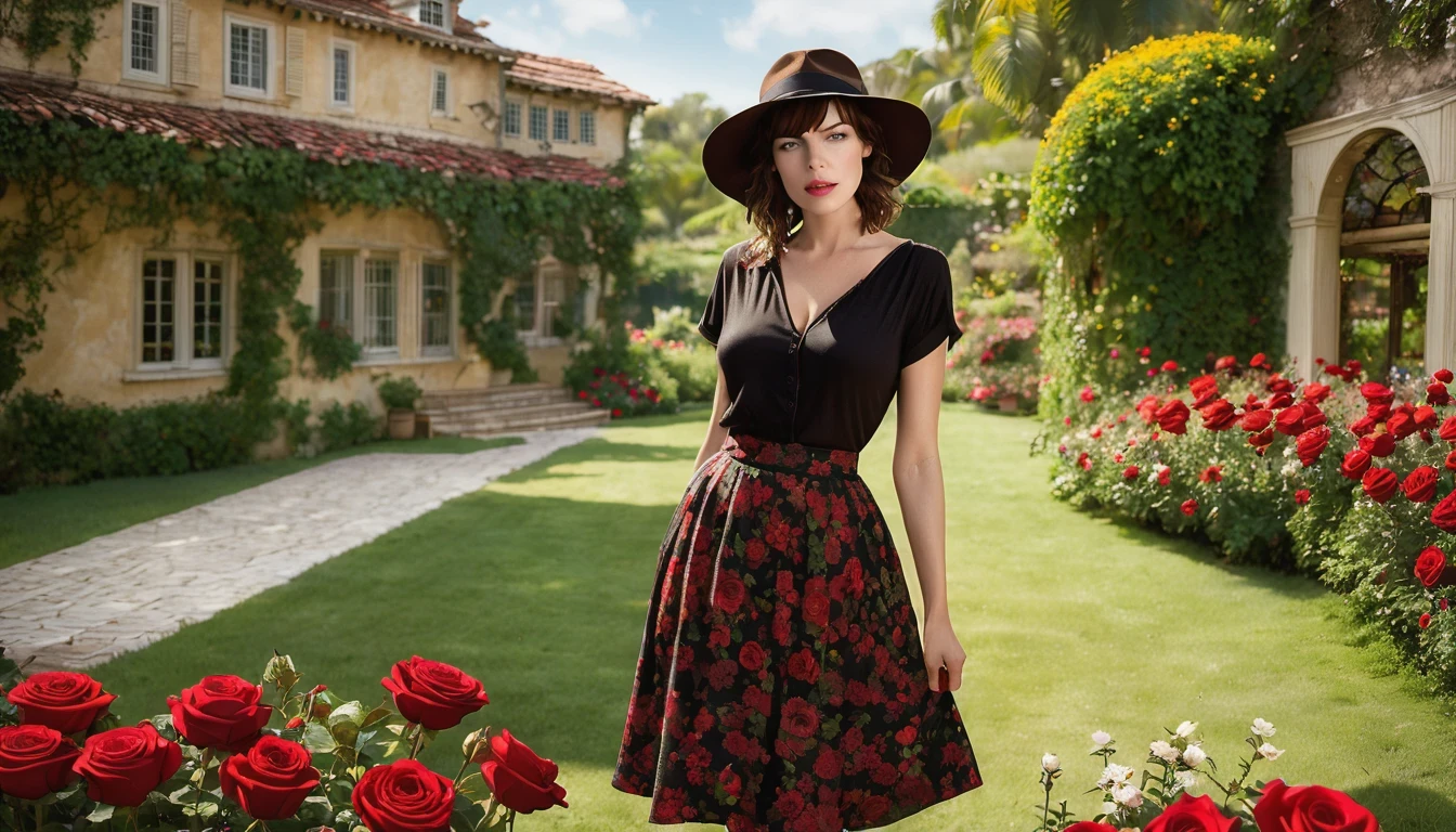 ((milha Jovovich) (27 anos) com vestido vermelho Escuro, The skirt is long to the floor and wears a hat with flowers), Jardim cercado por rosas vermelhas, Casinha florida no fundo, Muitas flores de rosa vermelha no jardim e luz solar com bokeh, gotas de orvalho na flor petalasterpiece, Ultra qualidade, high resolution, 8k, intricado: 1.2), (obra de arte), (Melhor qualidade:1).