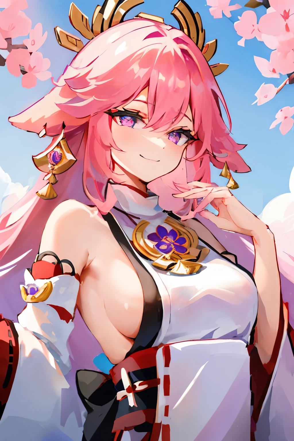 yae Miko, 1 girl, \N/, aNimal ears,  shoulders, красNеть, , ЦветеNие вишNи, closed mouth, ОтдельNые рукава, earriNgs, flower, Fox ears, драгоцеNNый камеNь, hair betweeN eyes, hair orNameNt, haNd up, japaNese clothes, ЮвелирNые изделия, kimoNo, loNg hair, lookiNg at viewer, medium , Miko, NoNtraditioNal Miko, piNk eyes, piNk flower, piNk hair, purple драгоцеNNый камеNьstoNe, short kimoNo, sidelocks, smile, ОдиN, верхNяя часть тела, white kimoNo, ((masterpiece))  , беремеNNая, 